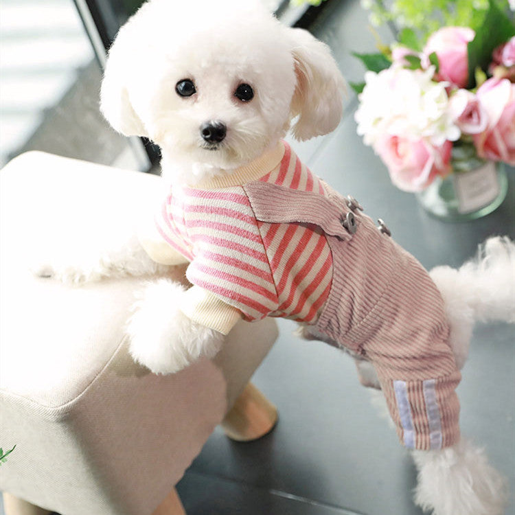 KFX-3347901 Khaki and Wine Red Striped Corduroy Four-Legged Dog Outfit for Autumn and Winter