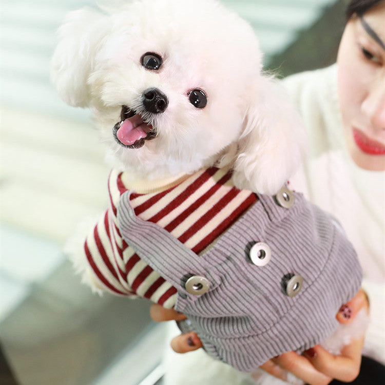 KFX-3347901 Khaki and Wine Red Striped Corduroy Four-Legged Dog Outfit for Autumn and Winter
