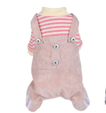 KFX-3347901 Khaki and Wine Red Striped Corduroy Four-Legged Dog Outfit for Autumn and Winter