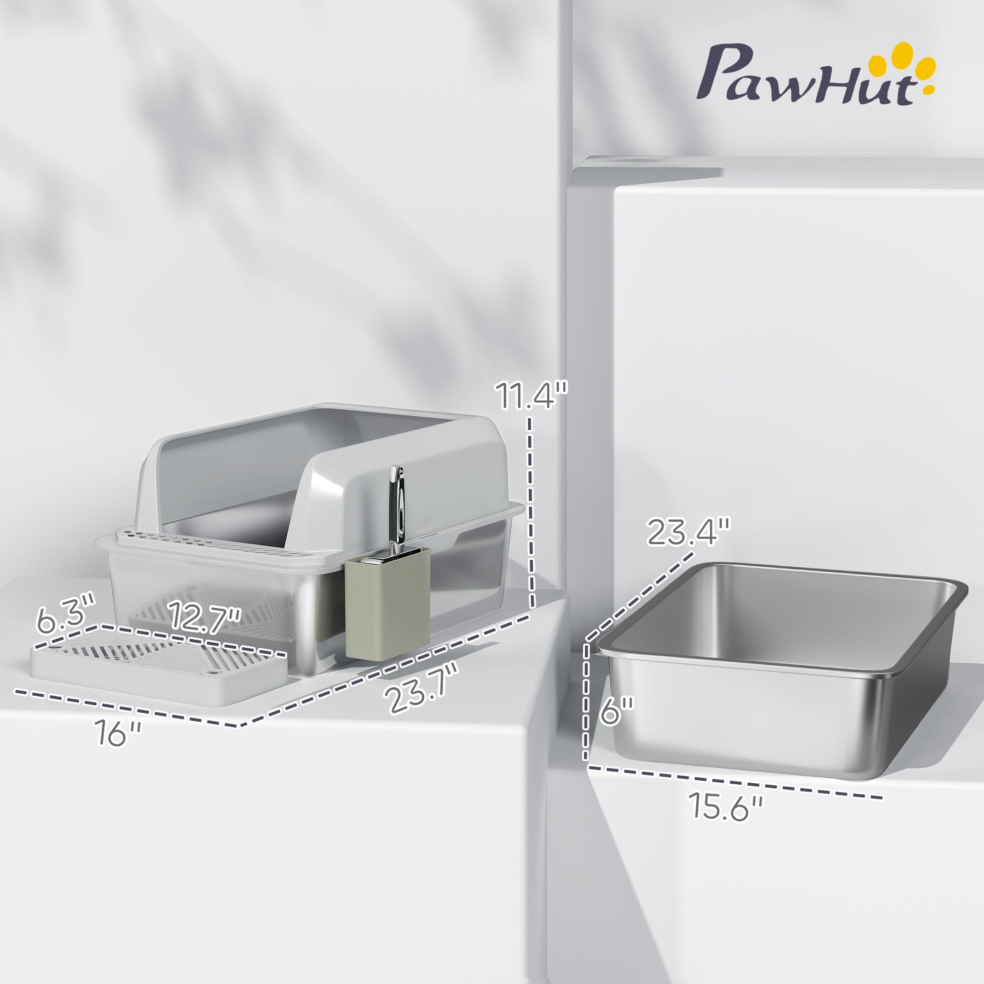 KFX-3348797 Stainless Steel Cat Litter Box with High Walls, Scoop, and Holder for Easy Cleanup