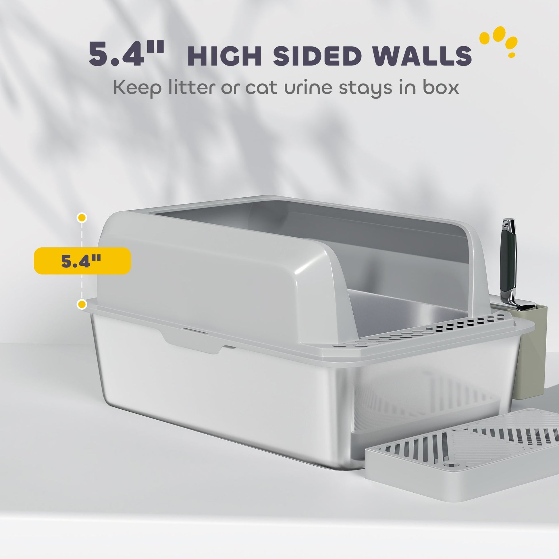 KFX-3348797 Stainless Steel Cat Litter Box with High Walls, Scoop, and Holder for Easy Cleanup