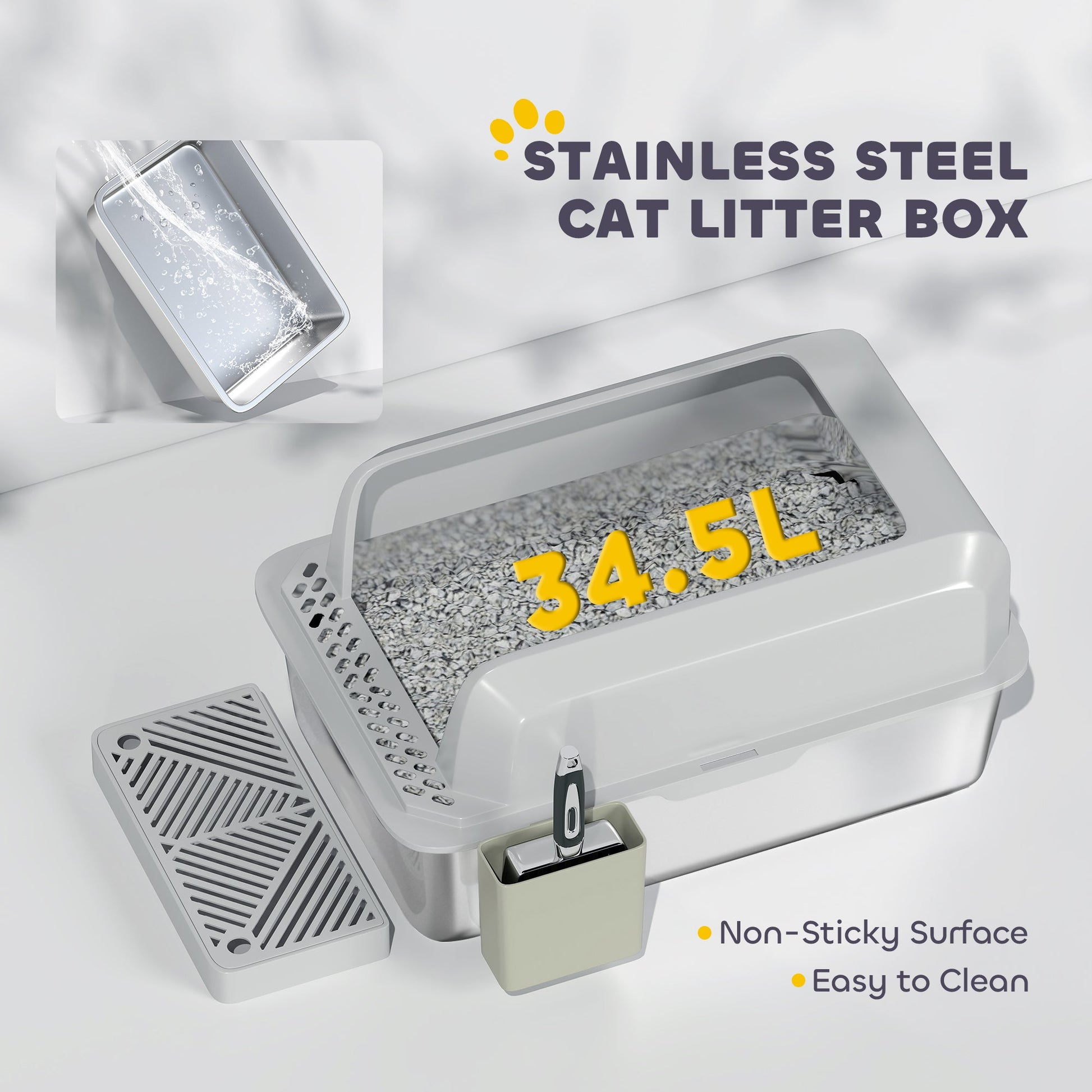 KFX-3348797 Stainless Steel Cat Litter Box with High Walls, Scoop, and Holder for Easy Cleanup