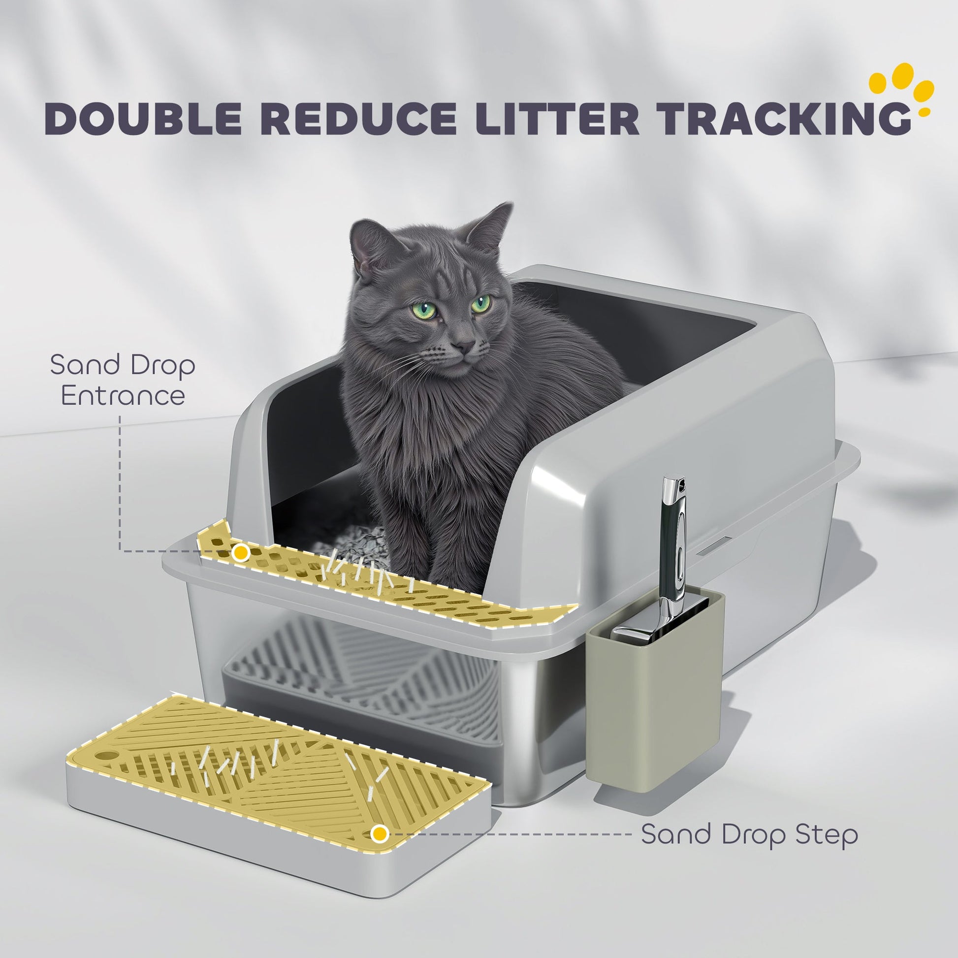 KFX-3348797 Stainless Steel Cat Litter Box with High Walls, Scoop, and Holder for Easy Cleanup