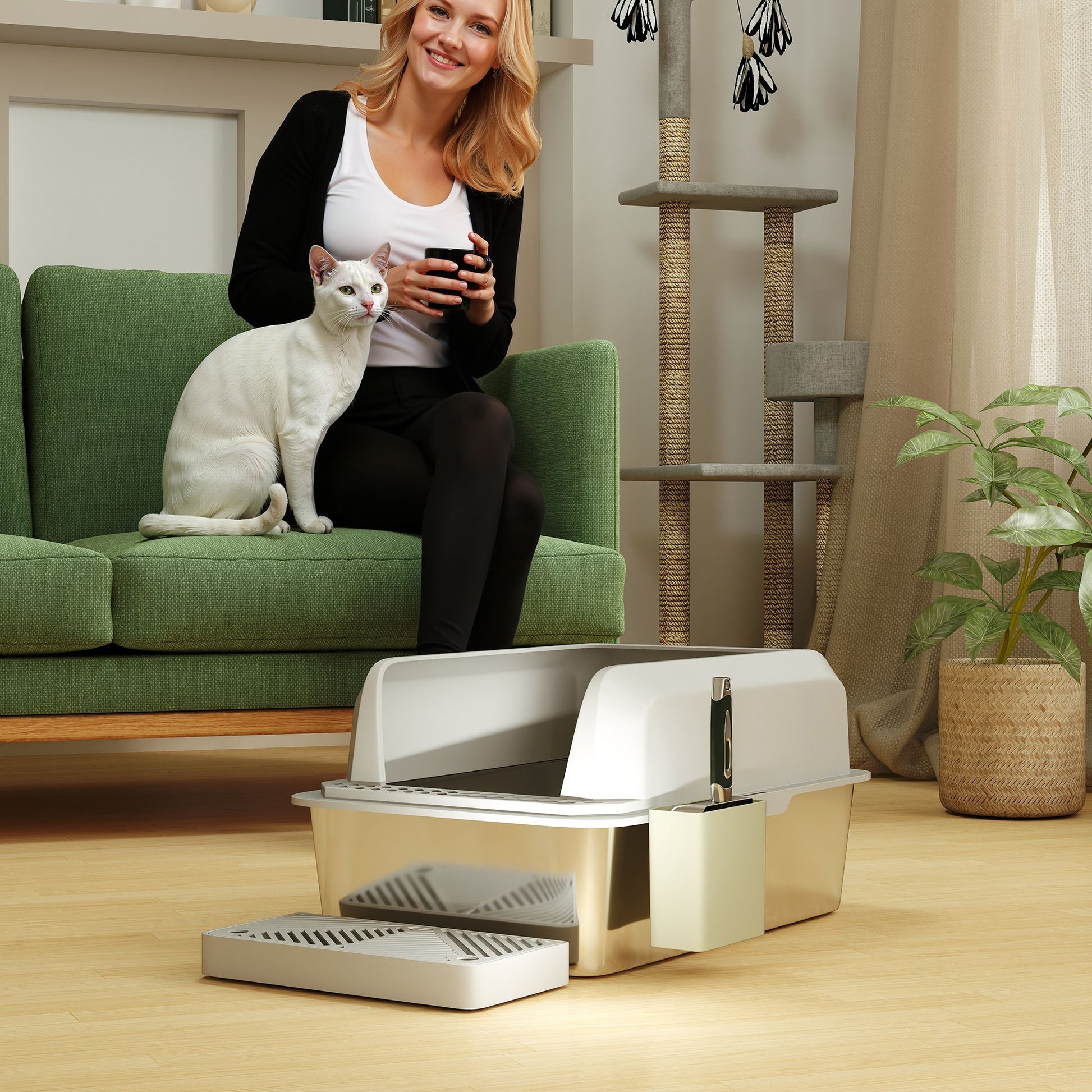 KFX-3348797 Stainless Steel Cat Litter Box with High Walls, Scoop, and Holder for Easy Cleanup