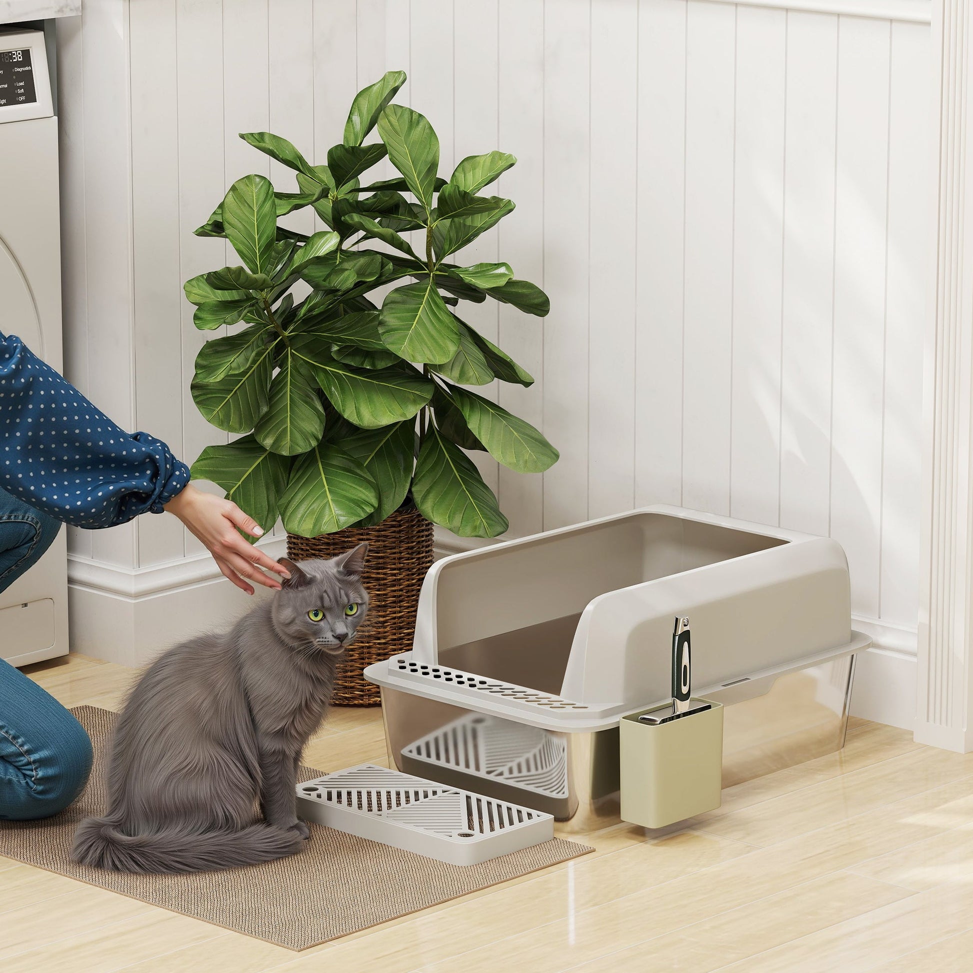 KFX-3348797 Stainless Steel Cat Litter Box with High Walls, Scoop, and Holder for Easy Cleanup
