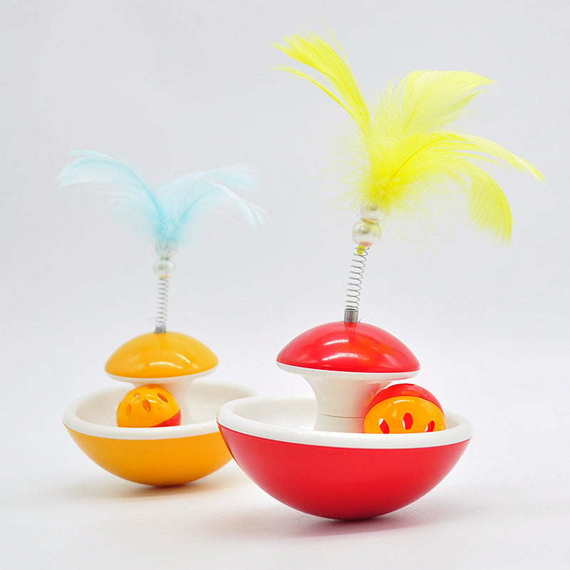 KFX-3359677 Interactive Feather Tumbler with Bell for Cats - Red & Yellow Plastic Toy