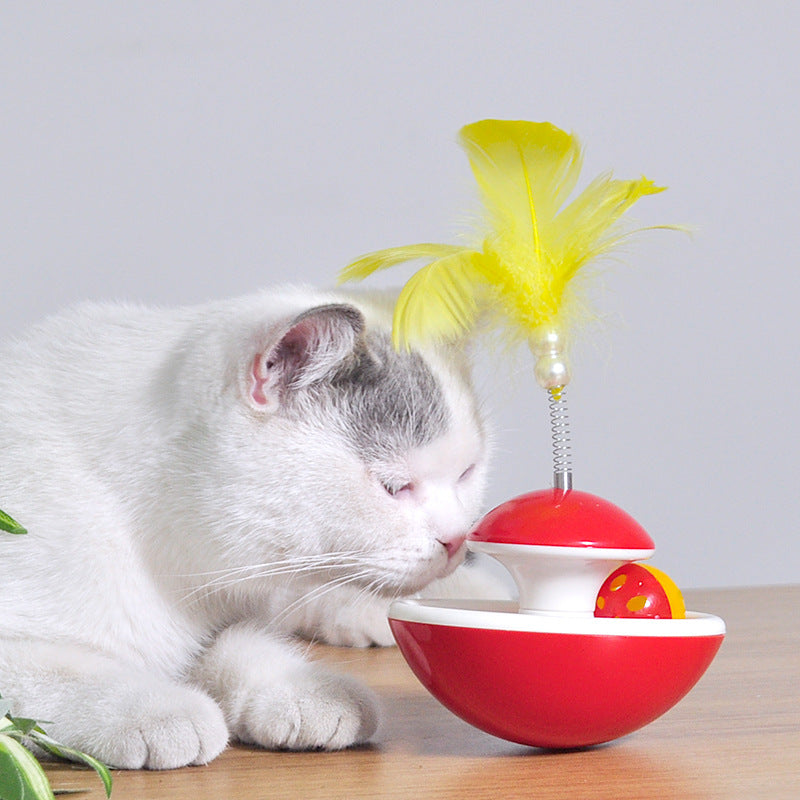 KFX-3359677 Interactive Feather Tumbler with Bell for Cats - Red & Yellow Plastic Toy