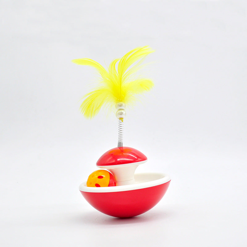 KFX-3359677 Interactive Feather Tumbler with Bell for Cats - Red & Yellow Plastic Toy
