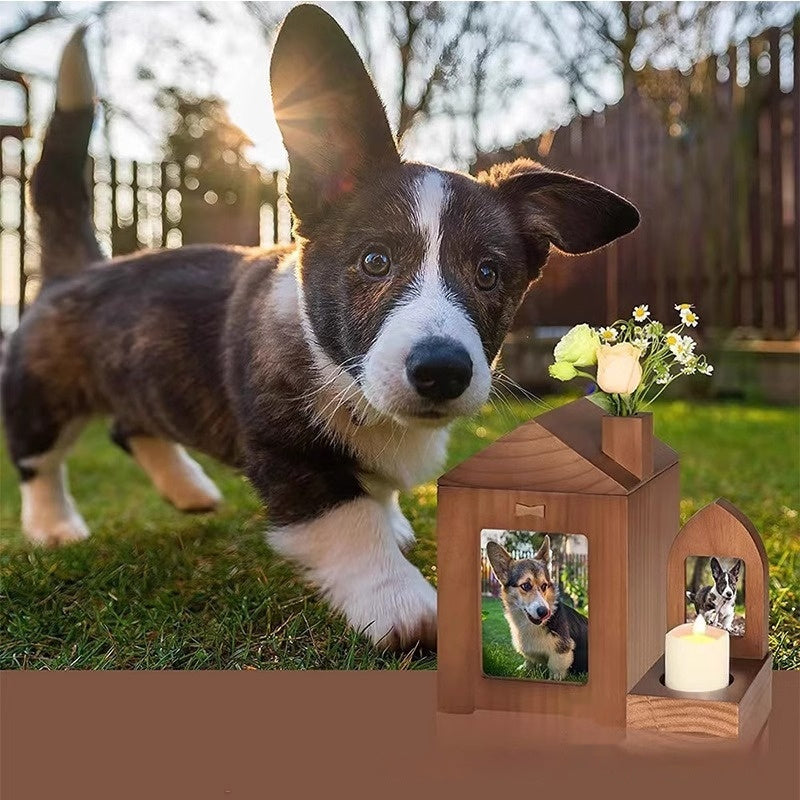 KFX-3362493 Solid Wood Pet Urn in Brown Retro Cabin Shape for Animal Memorial