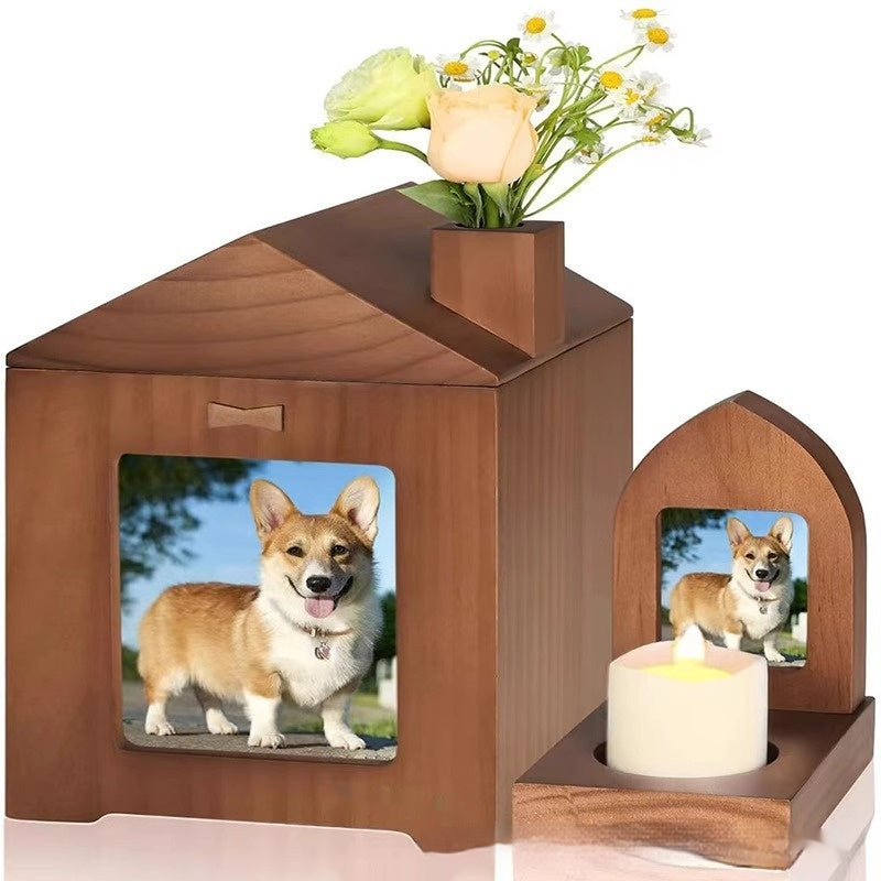 KFX-3362493 Solid Wood Pet Urn in Brown Retro Cabin Shape for Animal Memorial