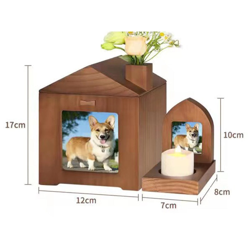 KFX-3362493 Solid Wood Pet Urn in Brown Retro Cabin Shape for Animal Memorial