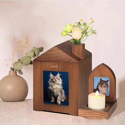 KFX-3362493 Solid Wood Pet Urn in Brown Retro Cabin Shape for Animal Memorial
