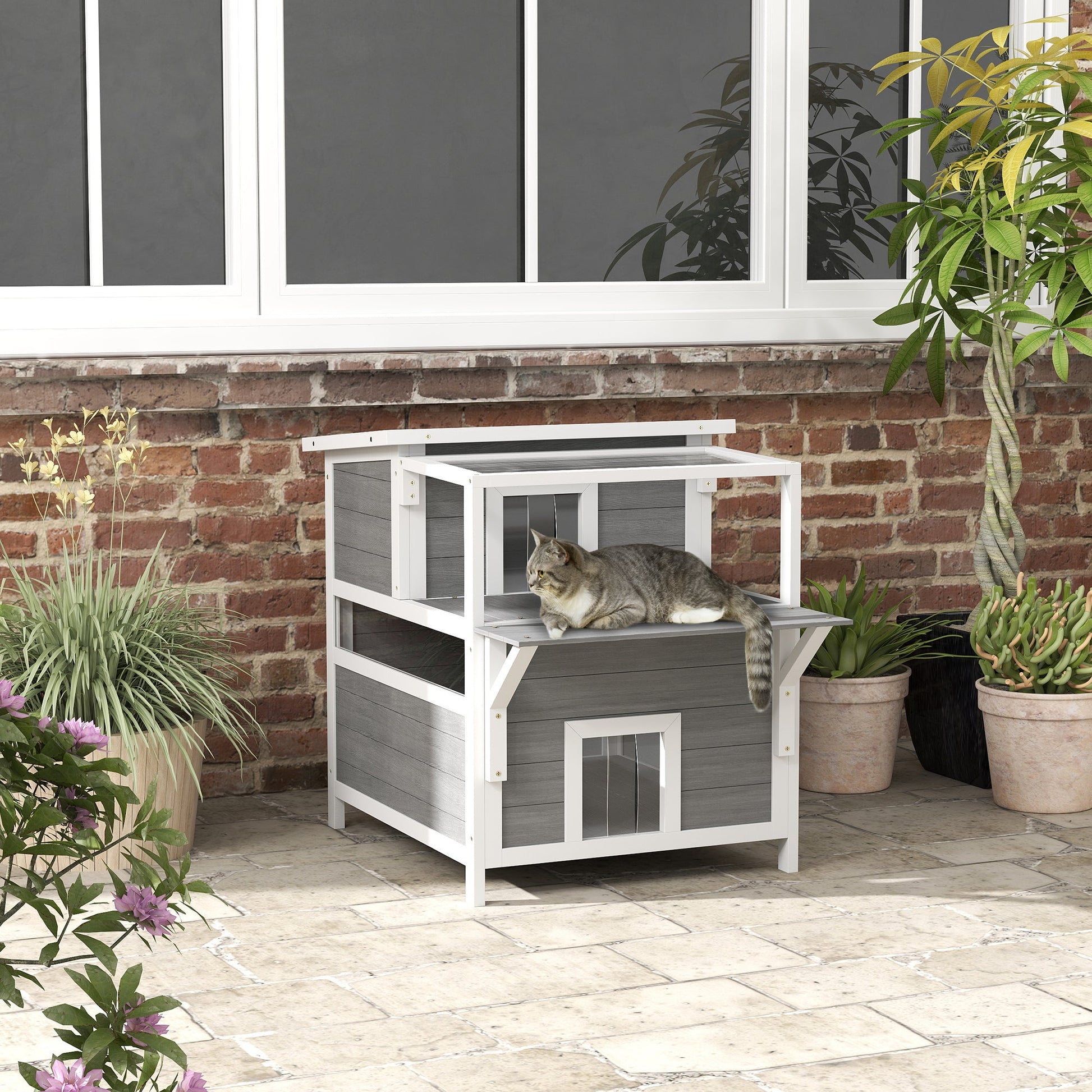 KFX-3362877 2-Story Wooden Outdoor Cat House with Balcony, Openable Top, and Escape Door