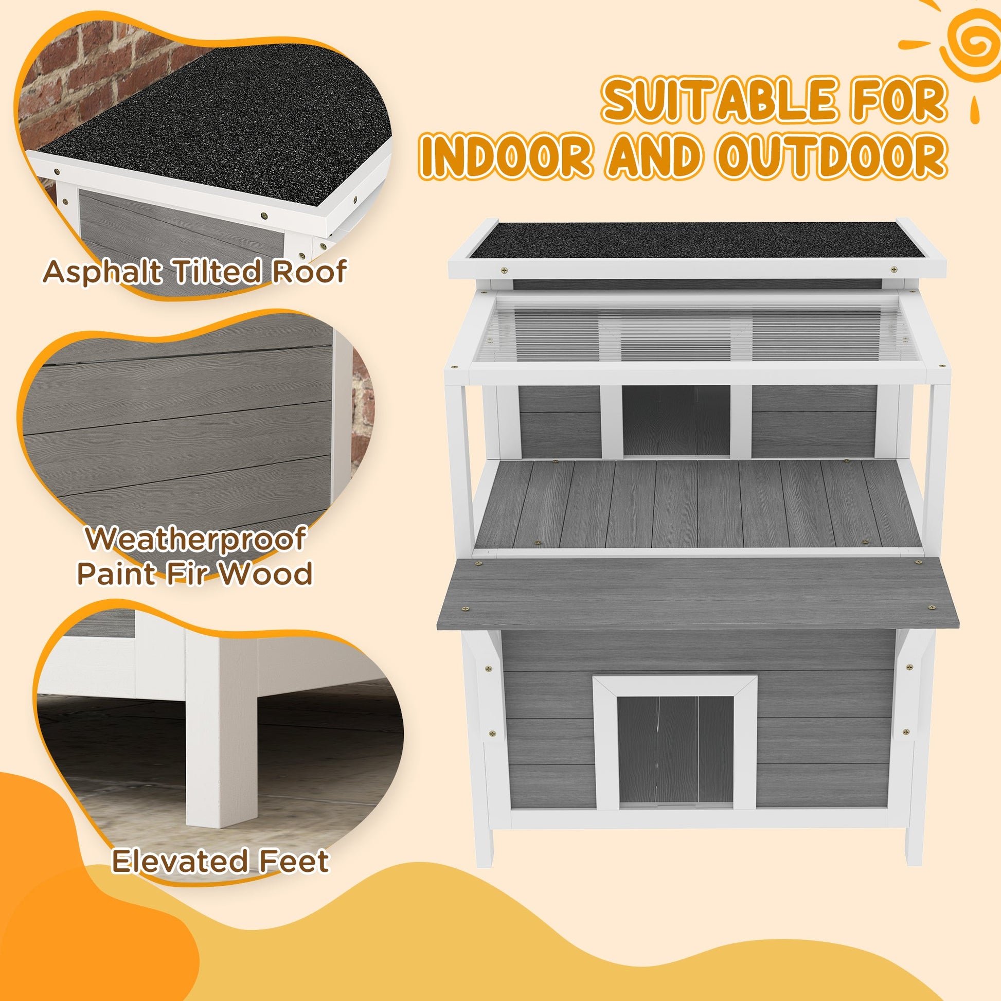 KFX-3362877 2-Story Wooden Outdoor Cat House with Balcony, Openable Top, and Escape Door