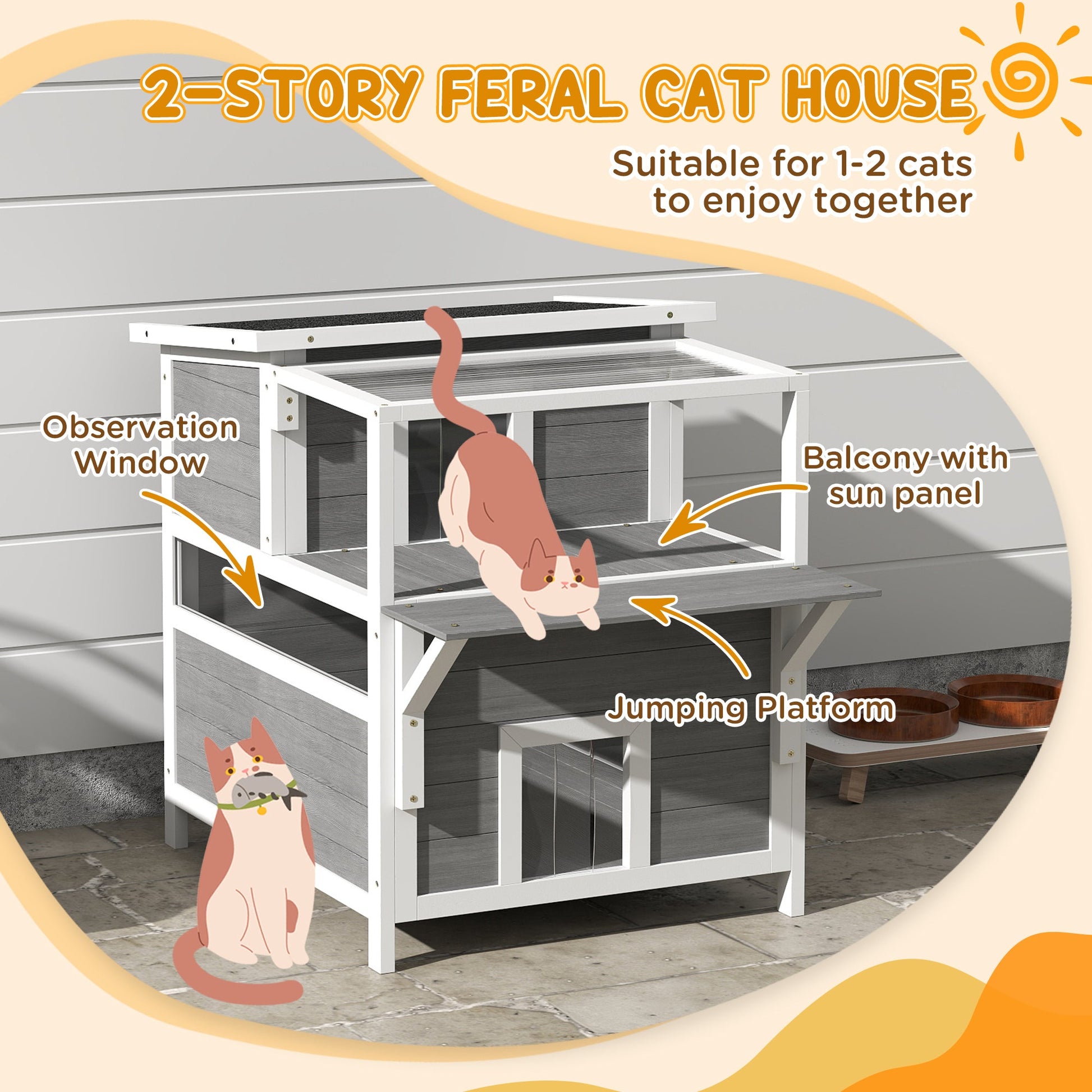 KFX-3362877 2-Story Wooden Outdoor Cat House with Balcony, Openable Top, and Escape Door
