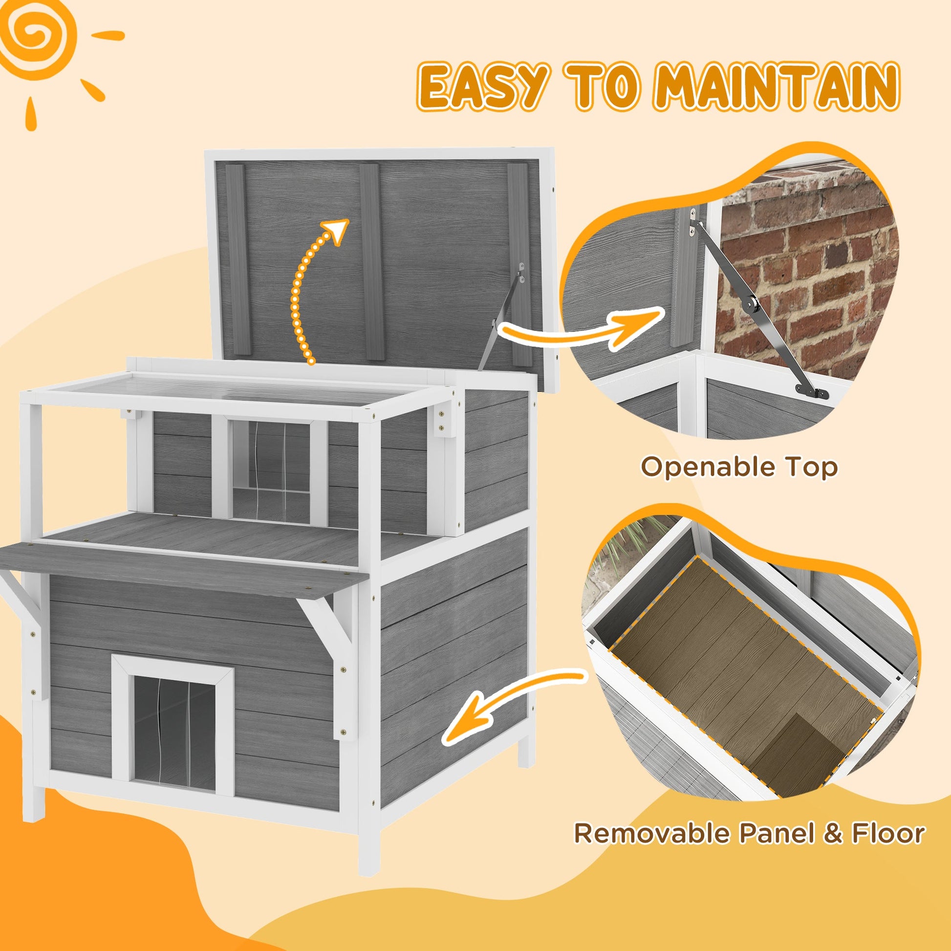 KFX-3362877 2-Story Wooden Outdoor Cat House with Balcony, Openable Top, and Escape Door