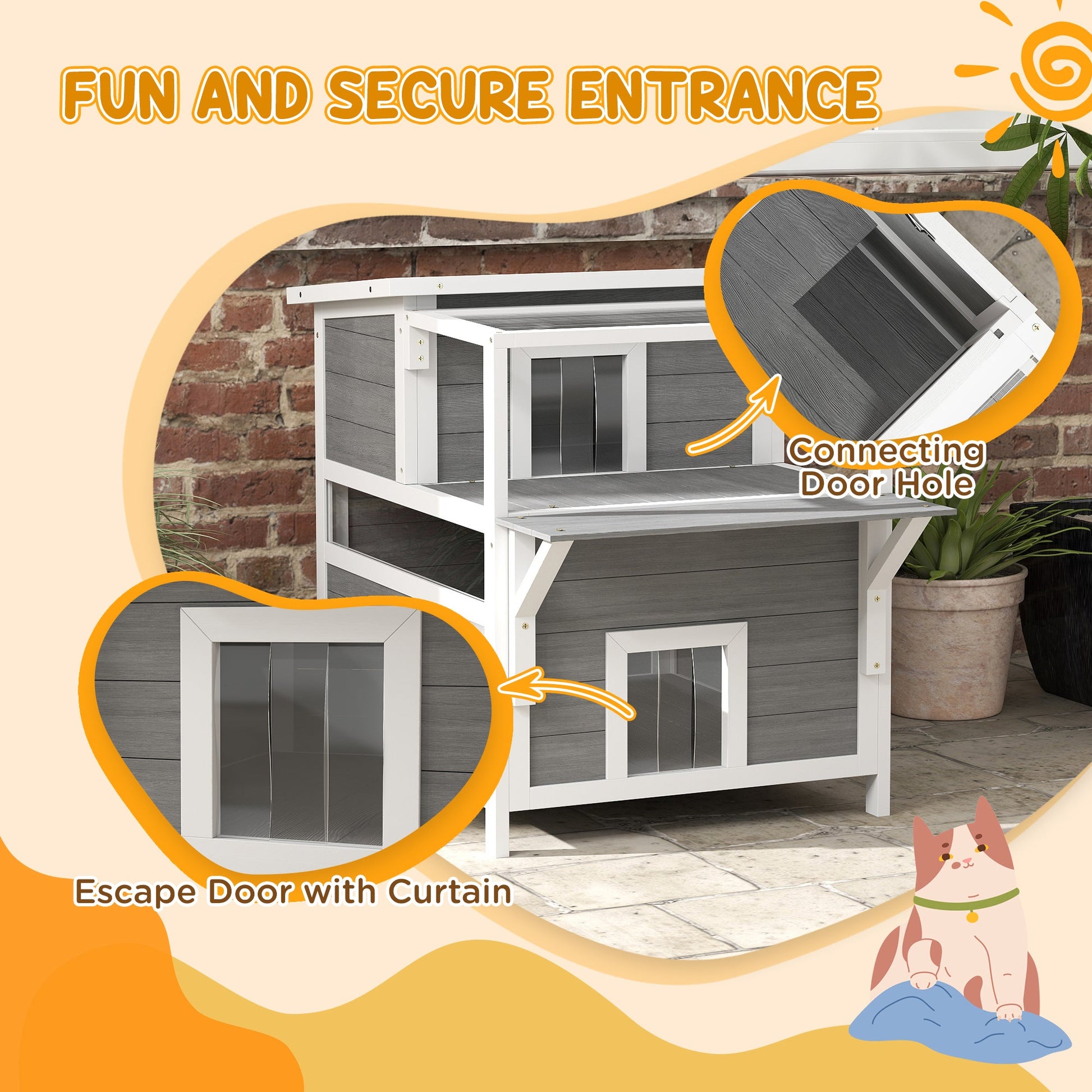 KFX-3362877 2-Story Wooden Outdoor Cat House with Balcony, Openable Top, and Escape Door