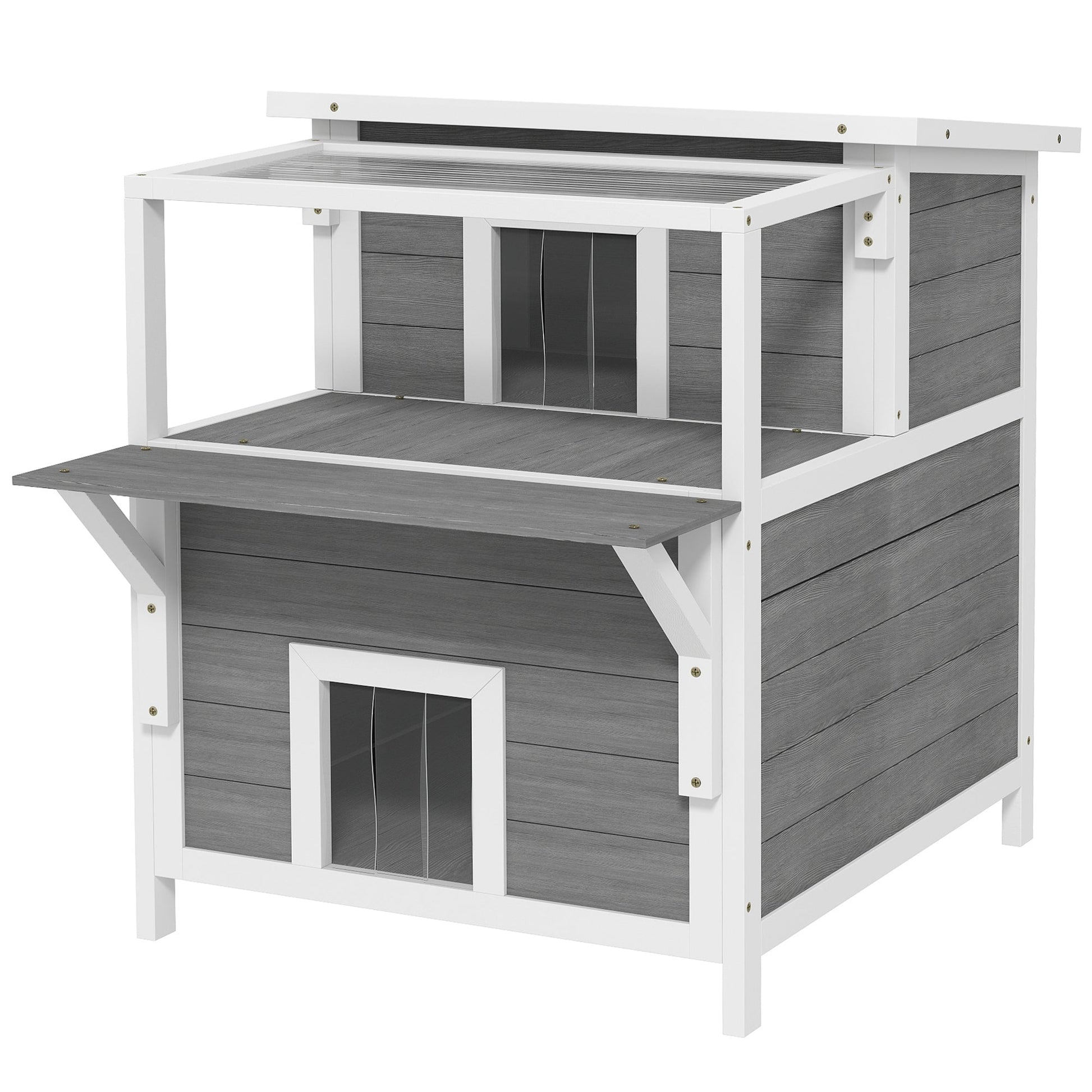 KFX-3362877 2-Story Wooden Outdoor Cat House with Balcony, Openable Top, and Escape Door