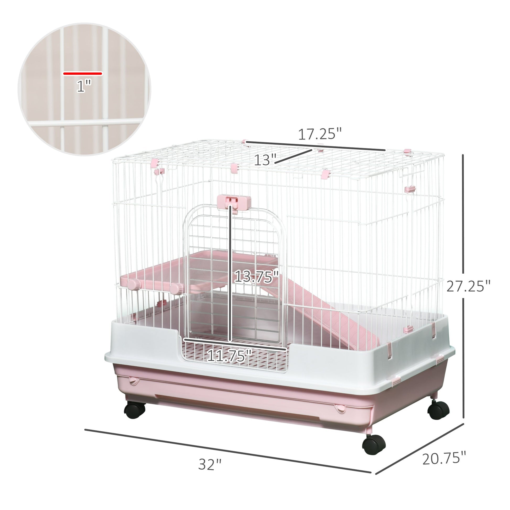 KFX-3368253 2-Level Small Animal Cage with Wheels, Removable Tray, Platform and Ramp for Rabbits, Chinchillas, and Ferrets, Pink