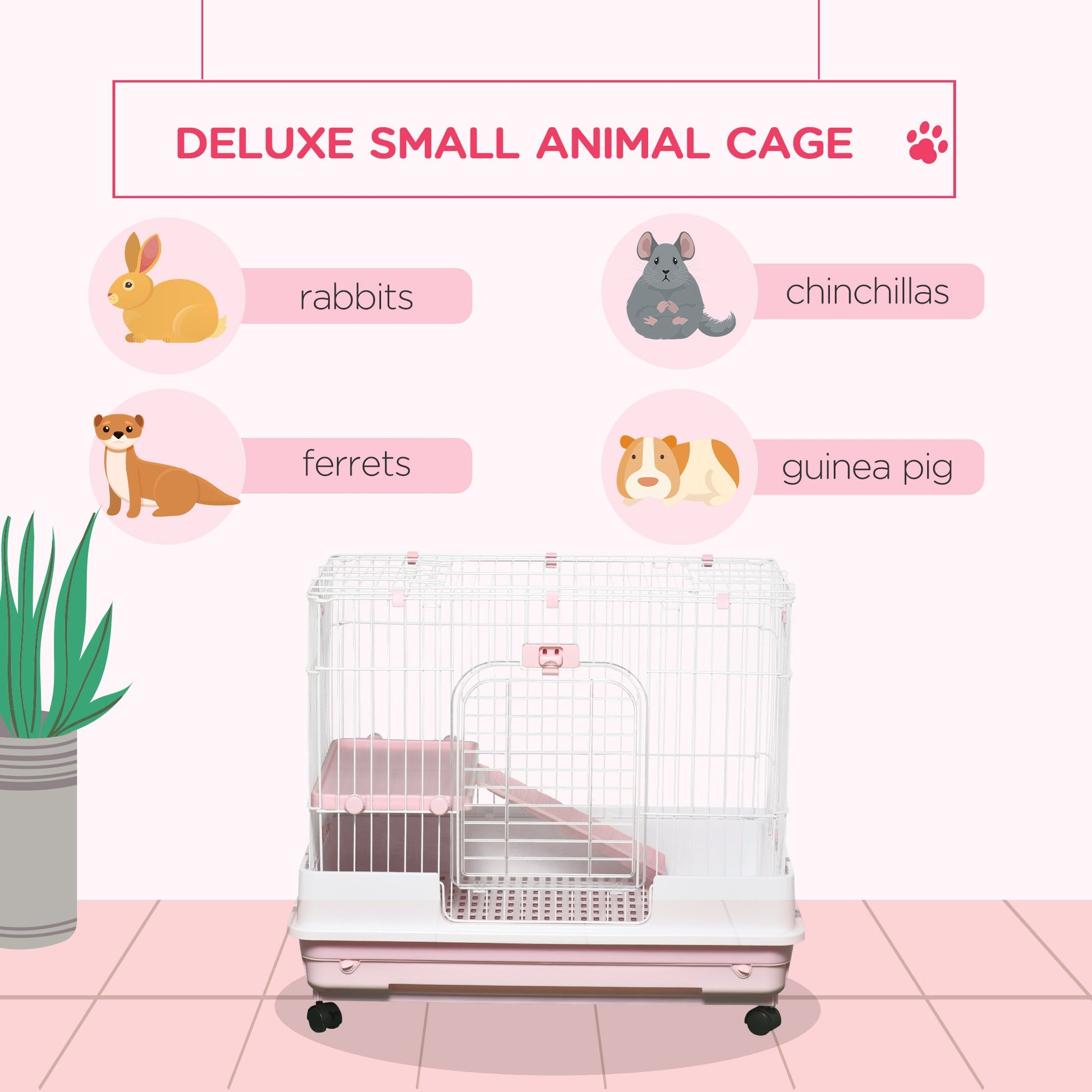 KFX-3368253 2-Level Small Animal Cage with Wheels, Removable Tray, Platform and Ramp for Rabbits, Chinchillas, and Ferrets, Pink