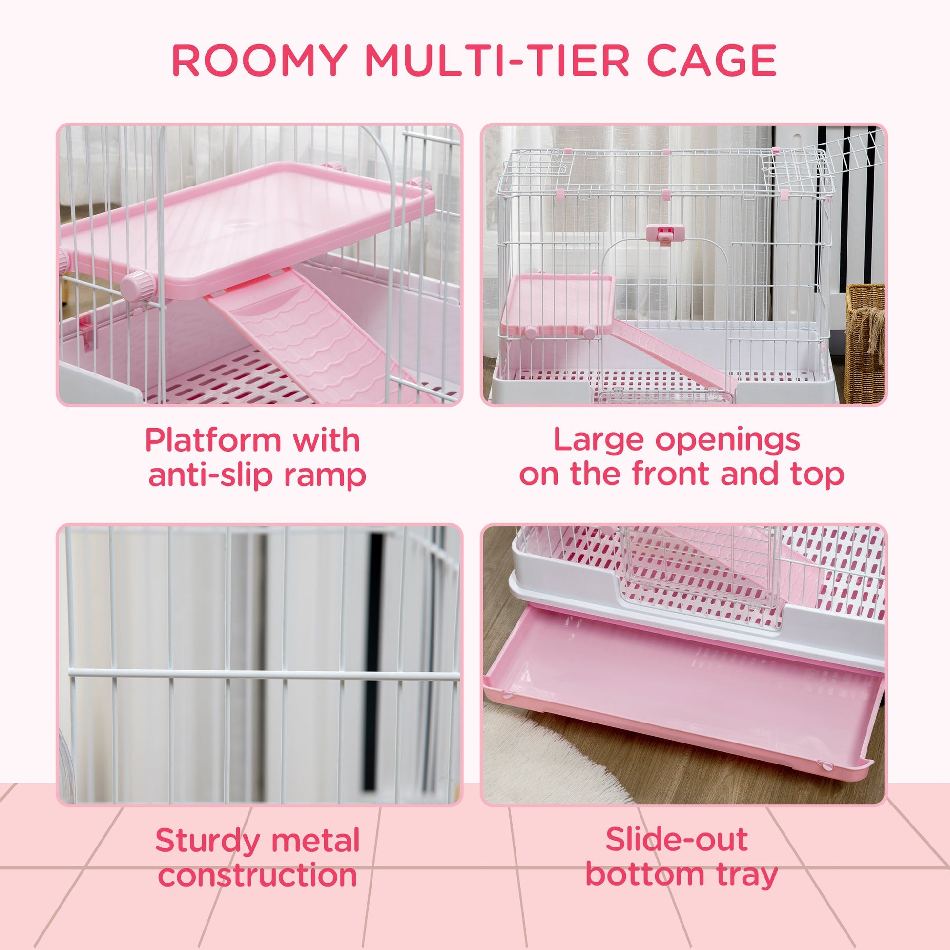 KFX-3368253 2-Level Small Animal Cage with Wheels, Removable Tray, Platform and Ramp for Rabbits, Chinchillas, and Ferrets, Pink