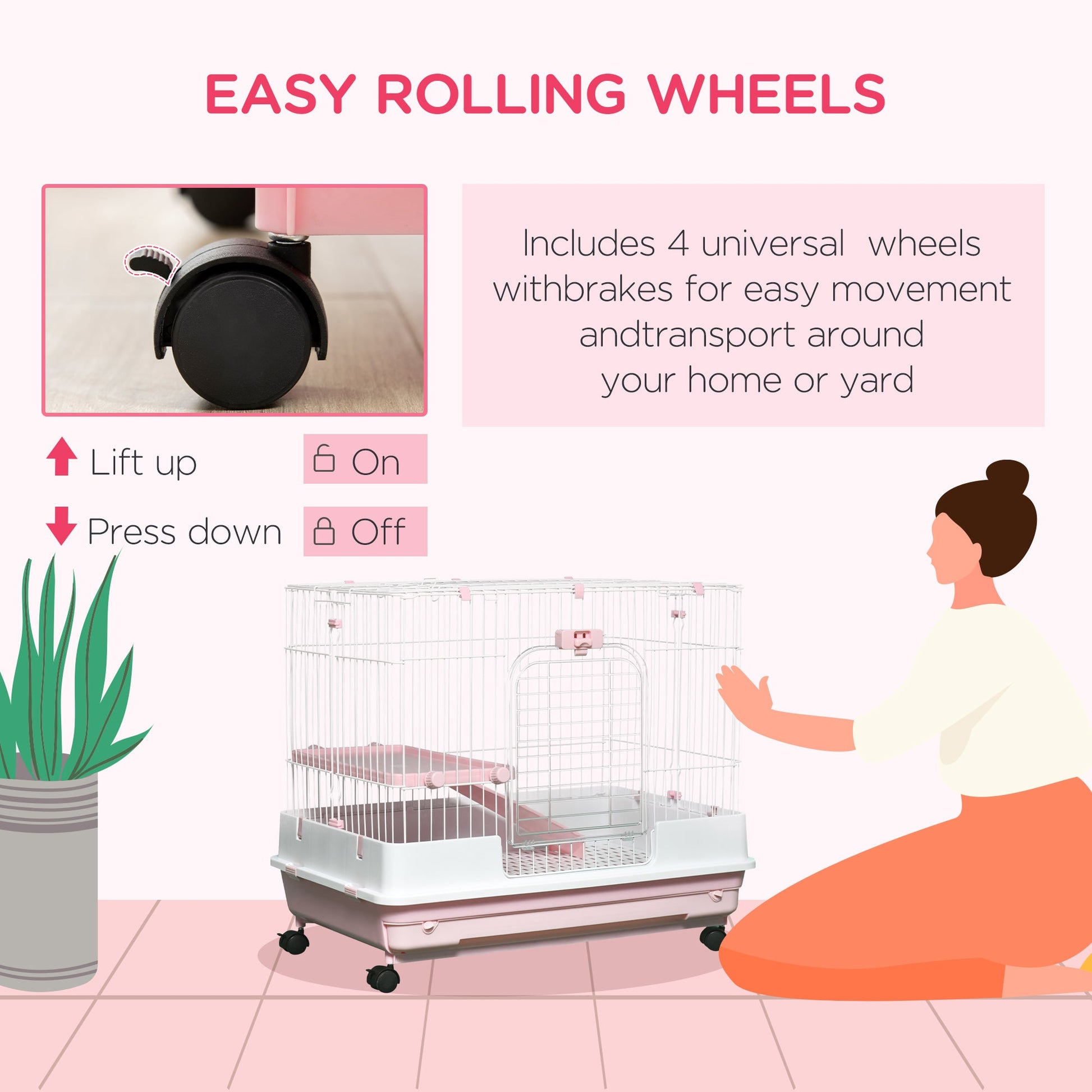 KFX-3368253 2-Level Small Animal Cage with Wheels, Removable Tray, Platform and Ramp for Rabbits, Chinchillas, and Ferrets, Pink
