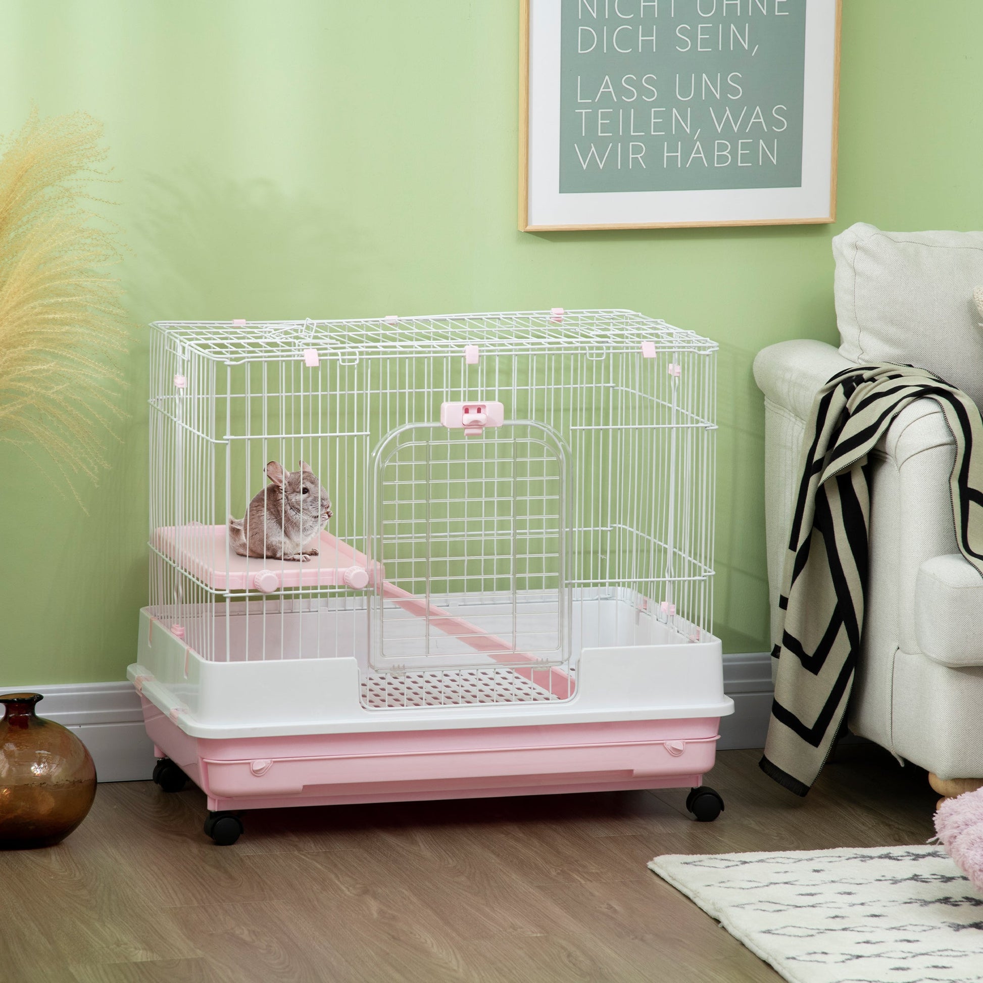 KFX-3368253 2-Level Small Animal Cage with Wheels, Removable Tray, Platform and Ramp for Rabbits, Chinchillas, and Ferrets, Pink