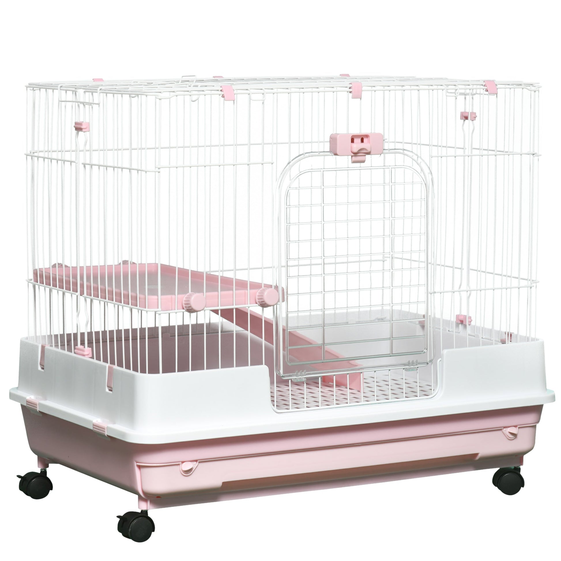 KFX-3368253 2-Level Small Animal Cage with Wheels, Removable Tray, Platform and Ramp for Rabbits, Chinchillas, and Ferrets, Pink