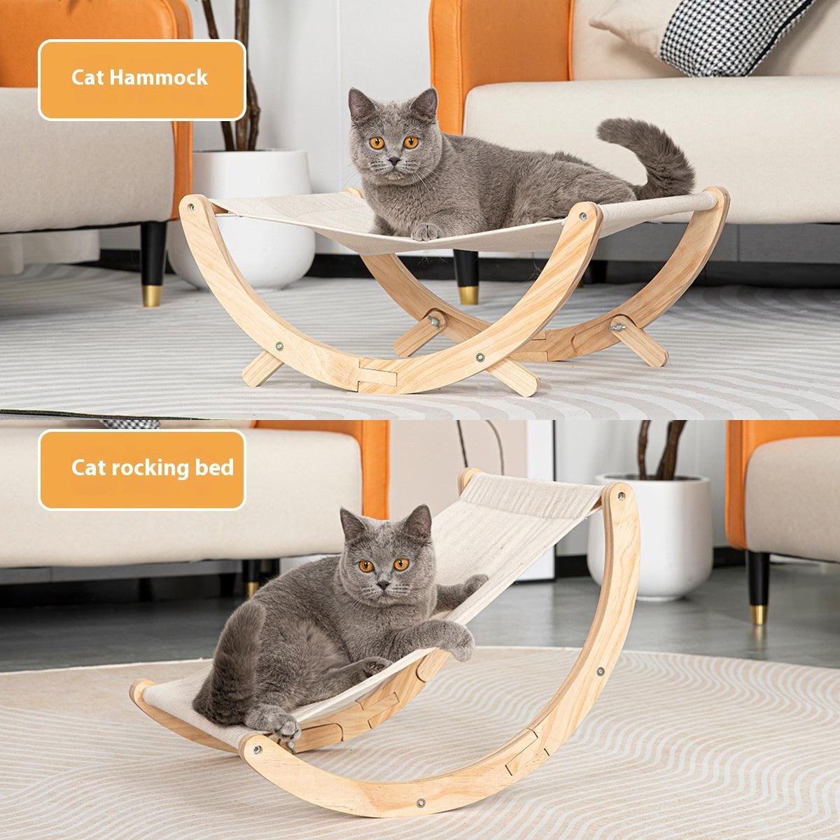 KFX-3371965 Solid Wood Foldable Cat Hammock Bed with Plush and Canvas Nesting Features