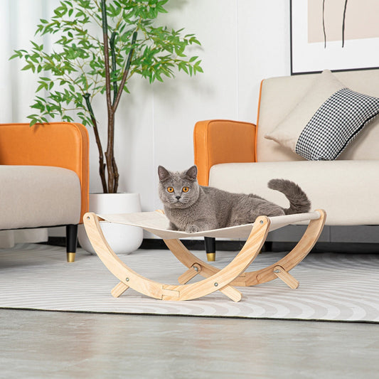 KFX-3371965 Solid Wood Foldable Cat Hammock Bed with Plush and Canvas Nesting Features