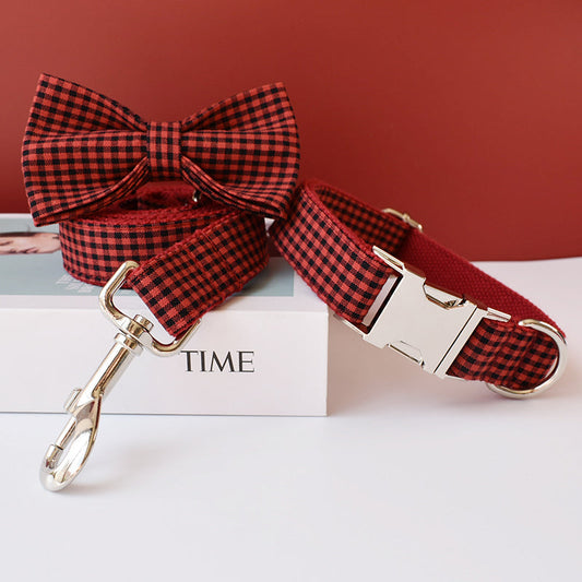 KFX-3372349 Red and Black Plaid Cotton and Polyester Collars and Leashes Set