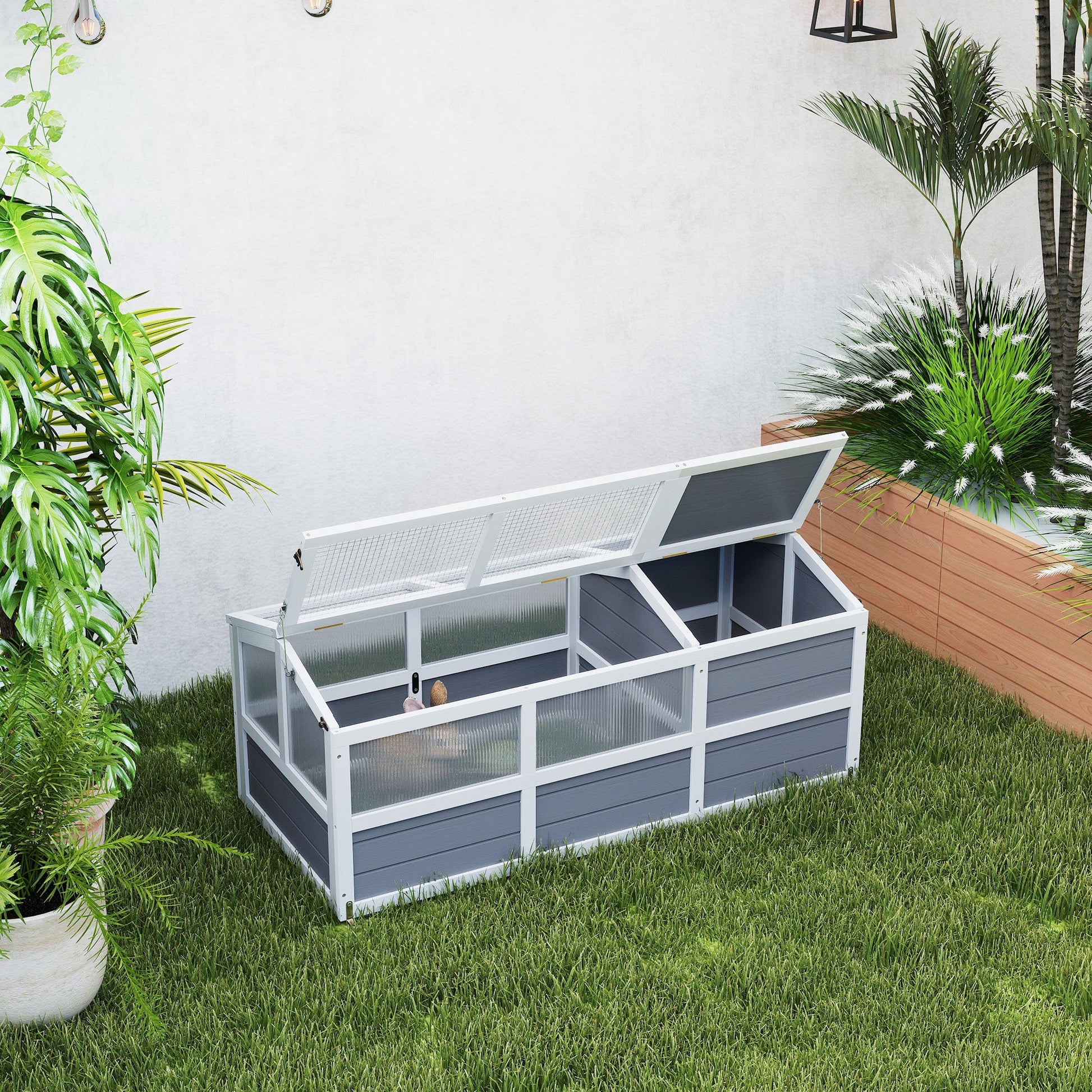 KFX-3374013 Outdoor Wooden Tortoise Habitat with Bottomless Design and PC Sun Panel Windows for Small Animals, Light Gray