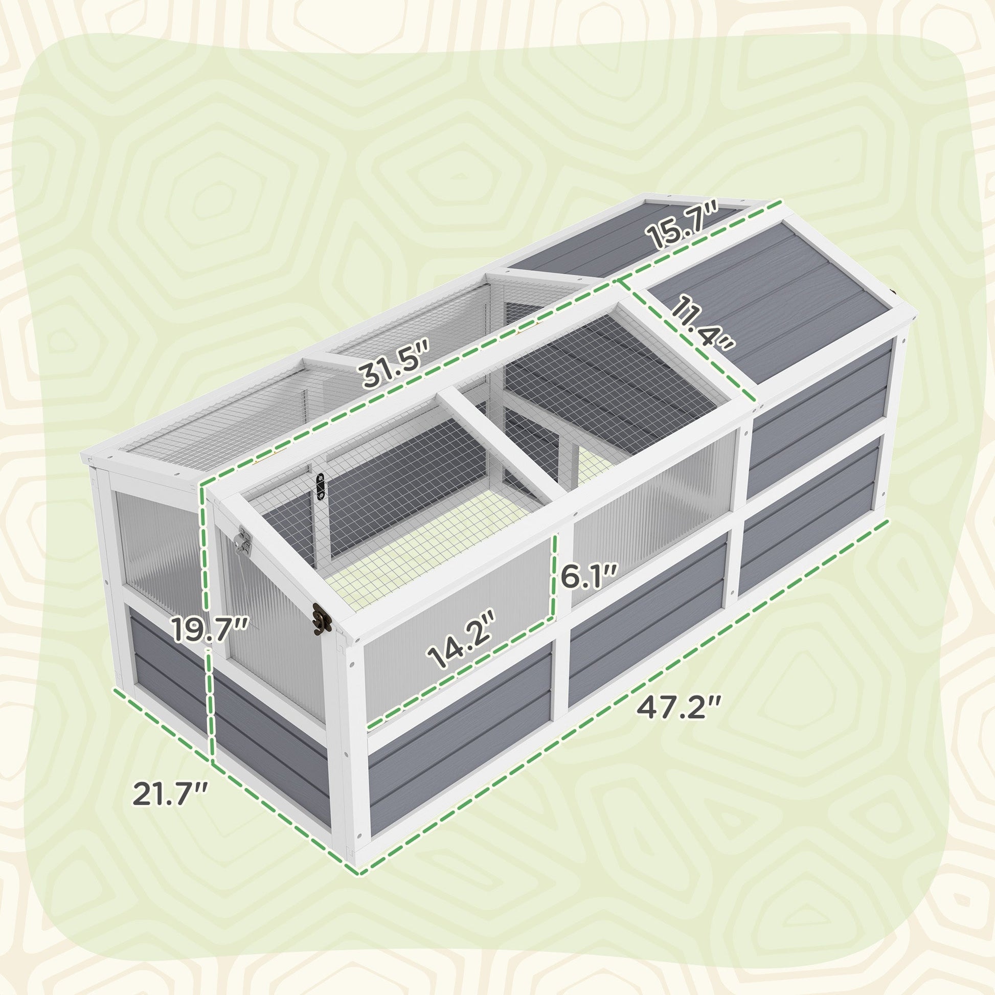 KFX-3374013 Outdoor Wooden Tortoise Habitat with Bottomless Design and PC Sun Panel Windows for Small Animals, Light Gray