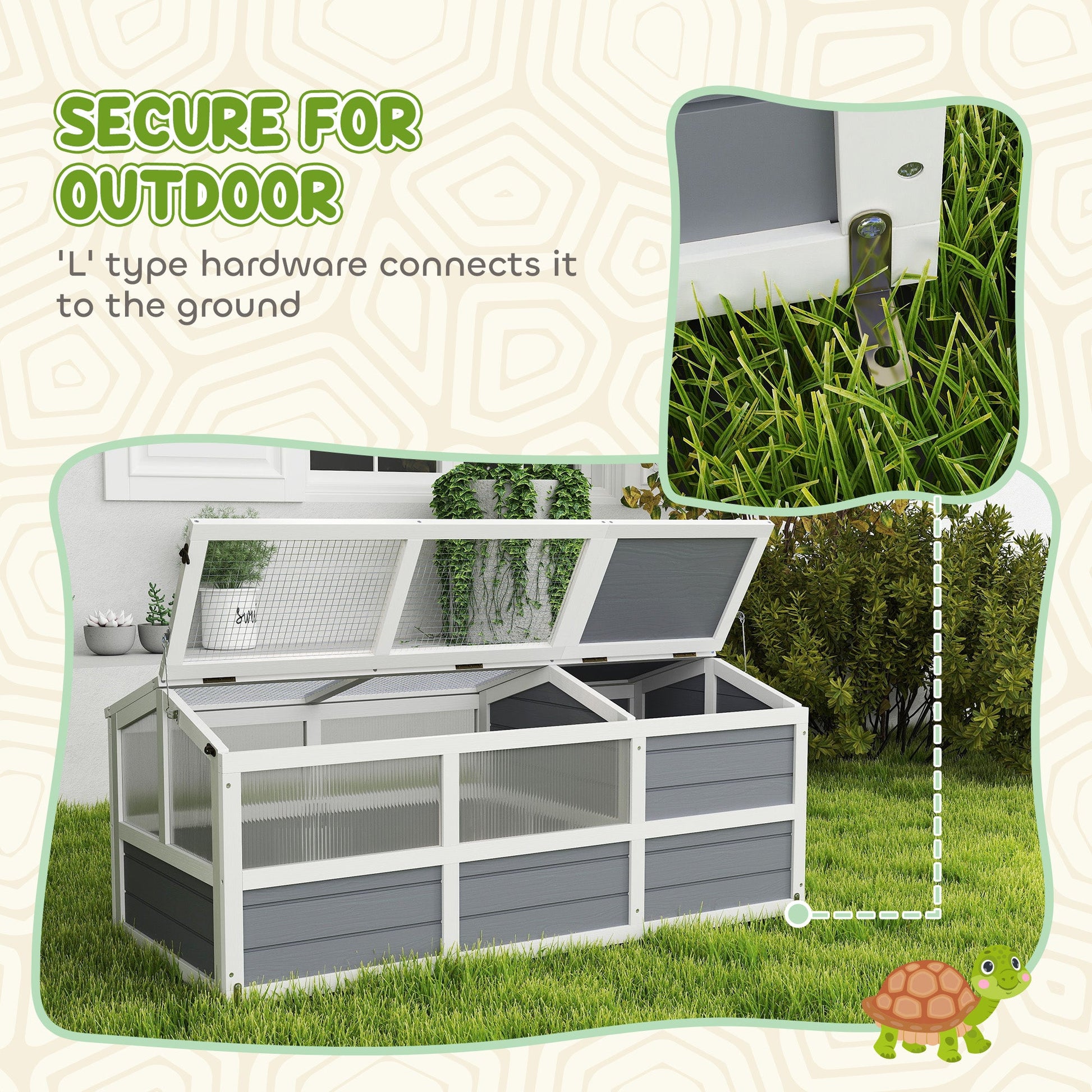 KFX-3374013 Outdoor Wooden Tortoise Habitat with Bottomless Design and PC Sun Panel Windows for Small Animals, Light Gray