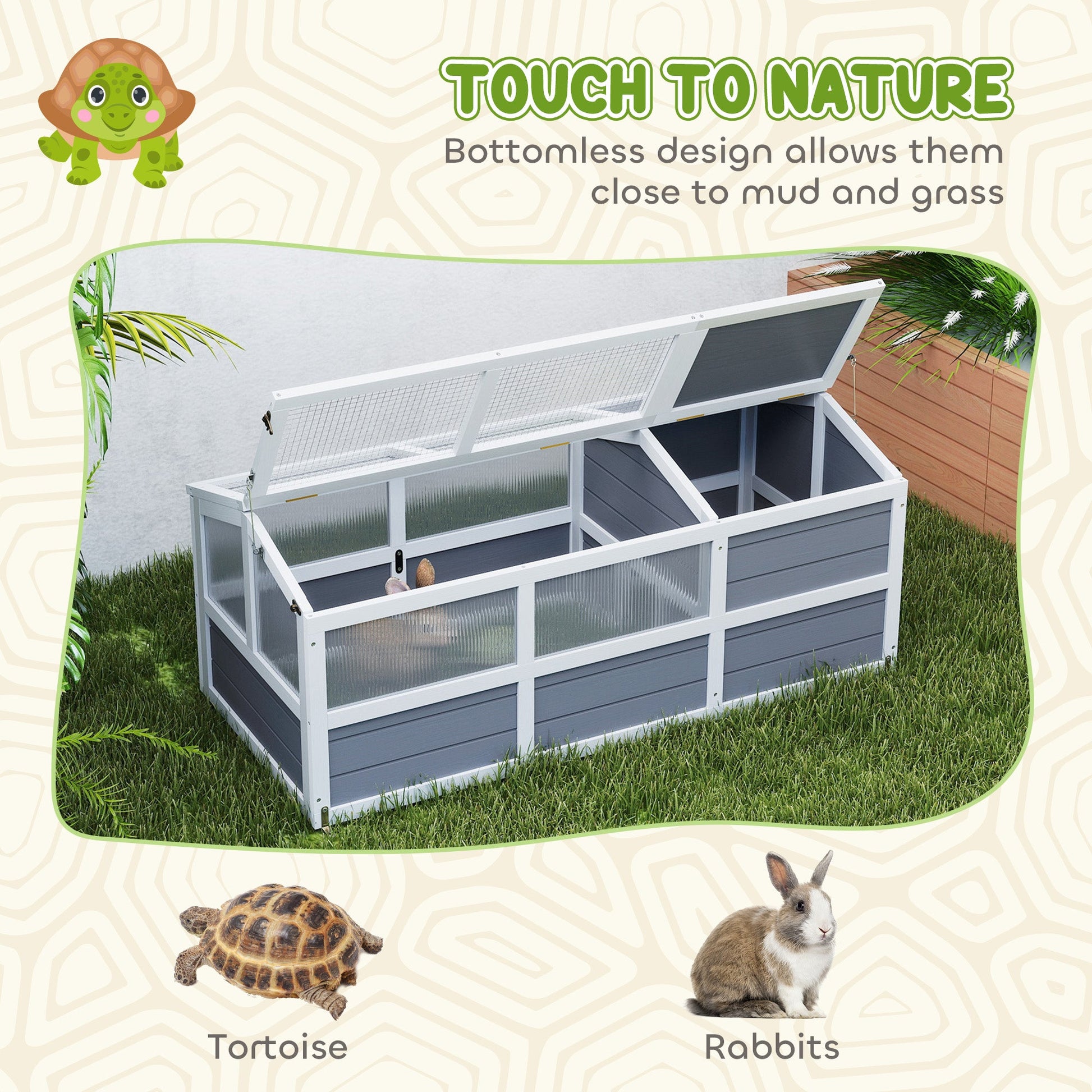 KFX-3374013 Outdoor Wooden Tortoise Habitat with Bottomless Design and PC Sun Panel Windows for Small Animals, Light Gray