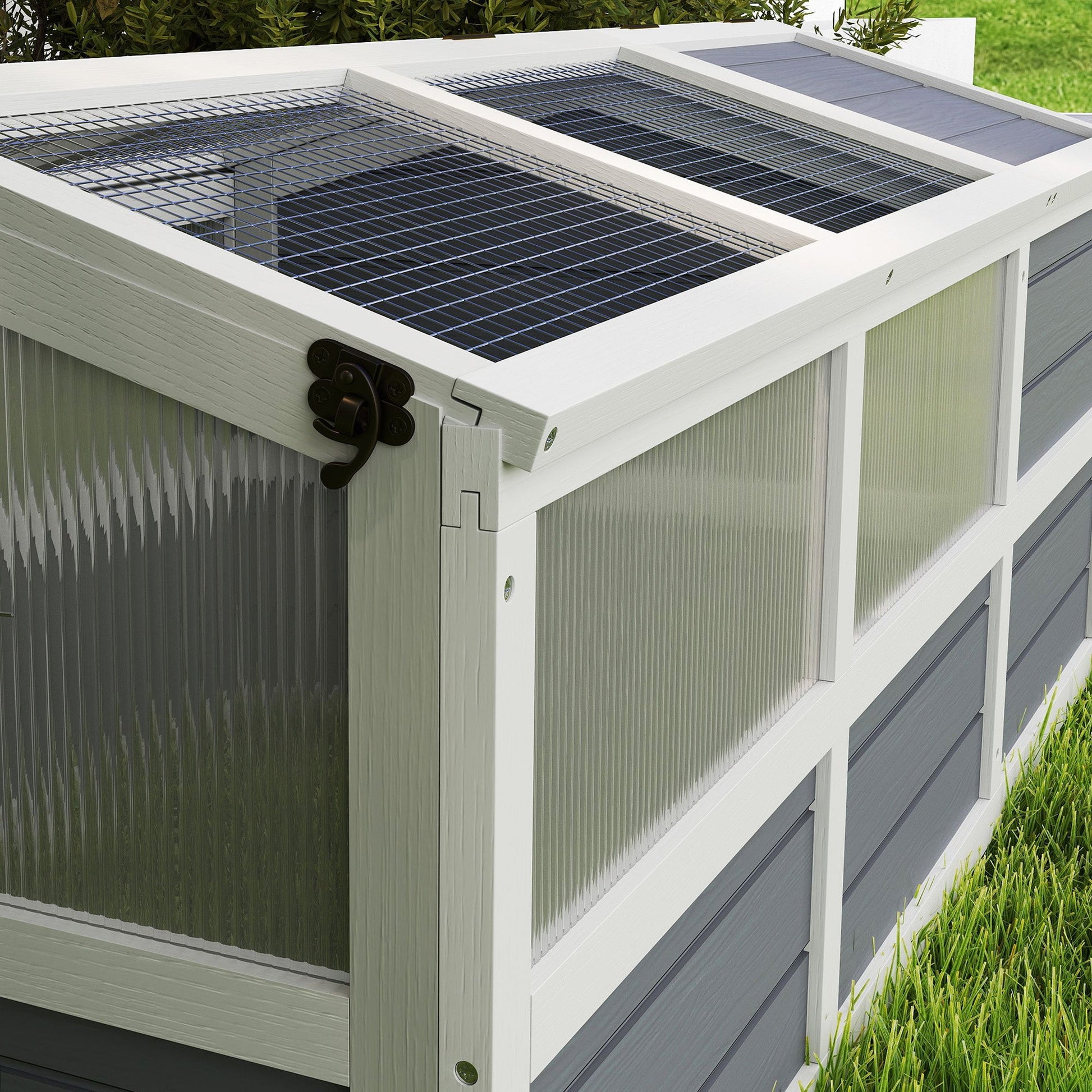KFX-3374013 Outdoor Wooden Tortoise Habitat with Bottomless Design and PC Sun Panel Windows for Small Animals, Light Gray