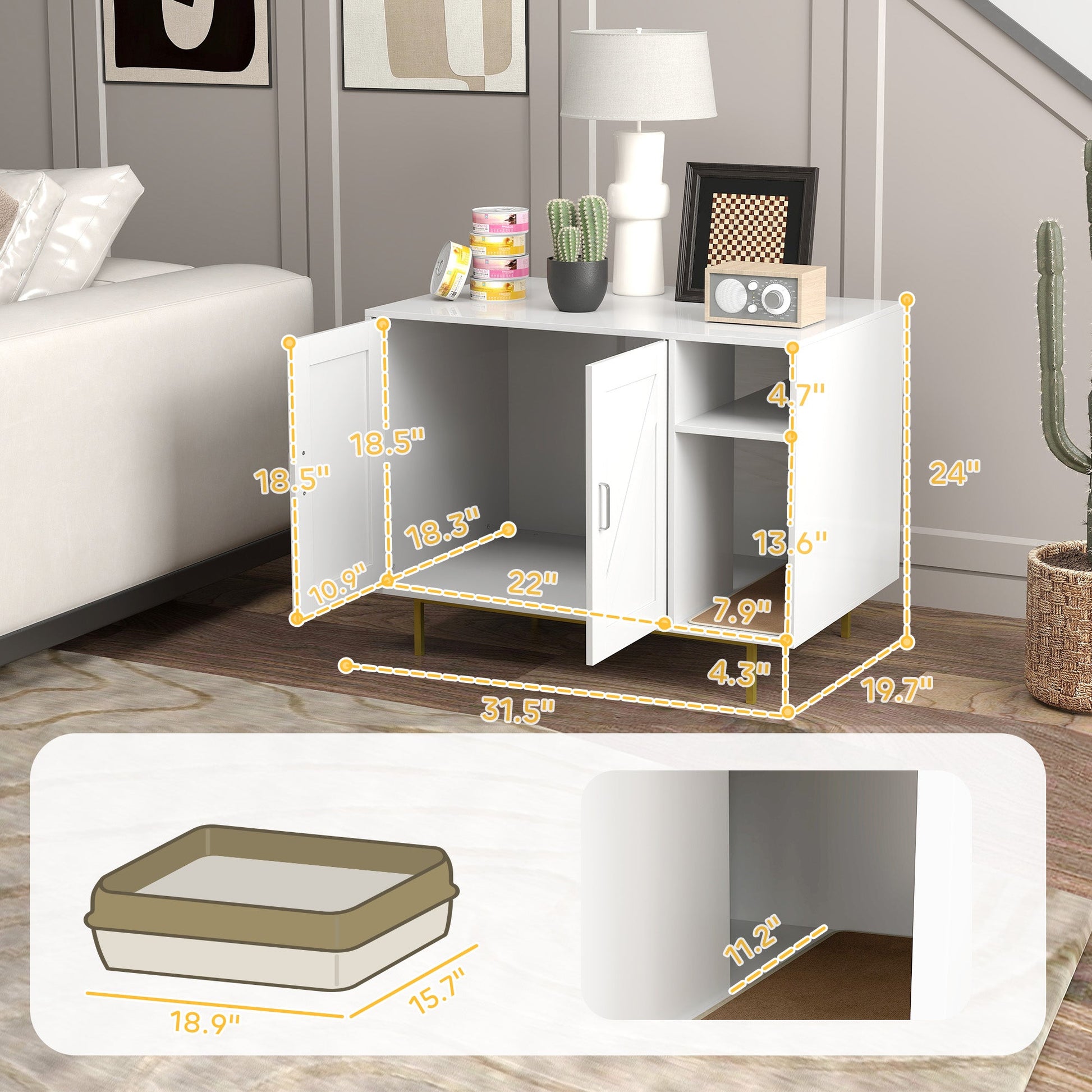KFX-3381565 Stylish Cat Litter Box Enclosure with Storage Compartment and Scratching Mat