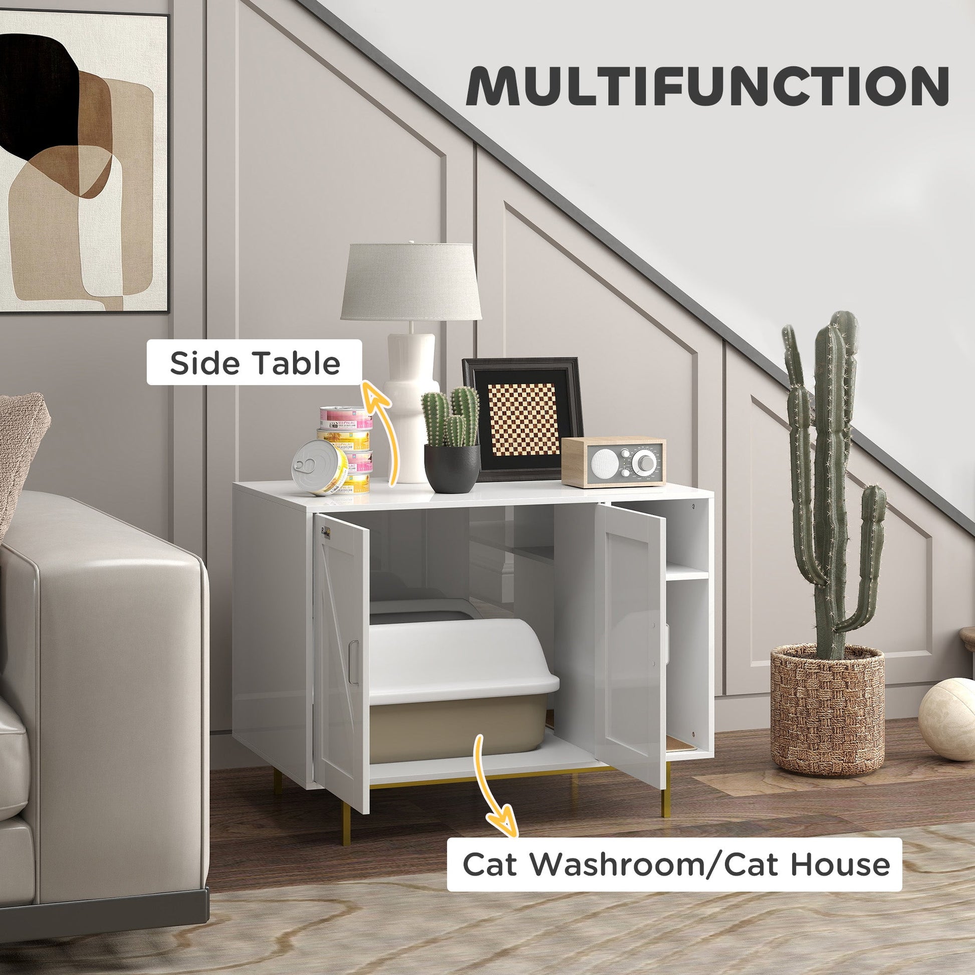 KFX-3381565 Stylish Cat Litter Box Enclosure with Storage Compartment and Scratching Mat