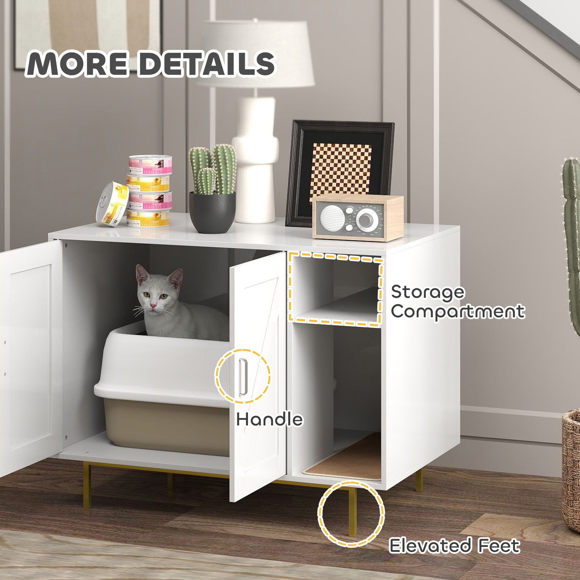 KFX-3381565 Stylish Cat Litter Box Enclosure with Storage Compartment and Scratching Mat