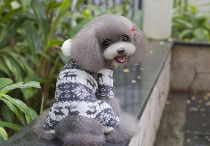 KFX-3390013 Fawn Snowflake Print Dog Outfit with Soft Fabric and Fur Ball Accents