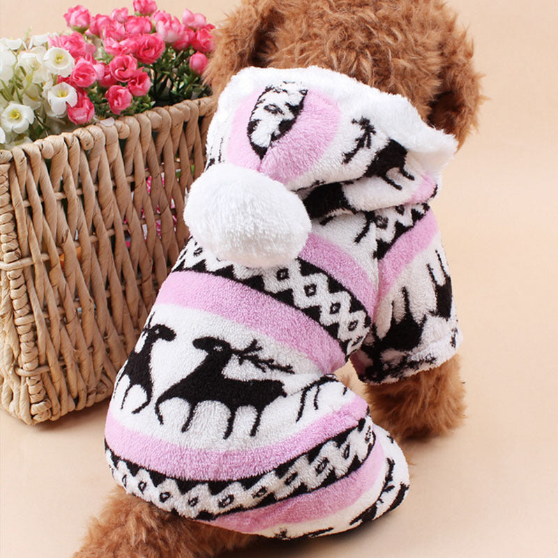 KFX-3390013 Fawn Snowflake Print Dog Outfit with Soft Fabric and Fur Ball Accents