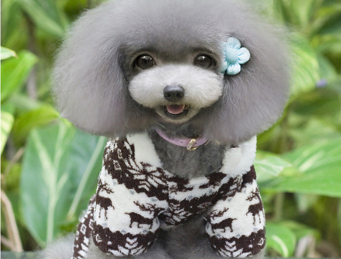 KFX-3390013 Fawn Snowflake Print Dog Outfit with Soft Fabric and Fur Ball Accents