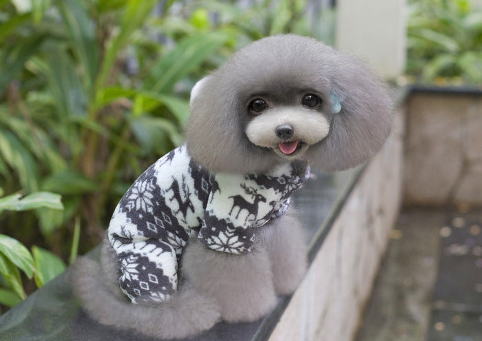 KFX-3390013 Fawn Snowflake Print Dog Outfit with Soft Fabric and Fur Ball Accents