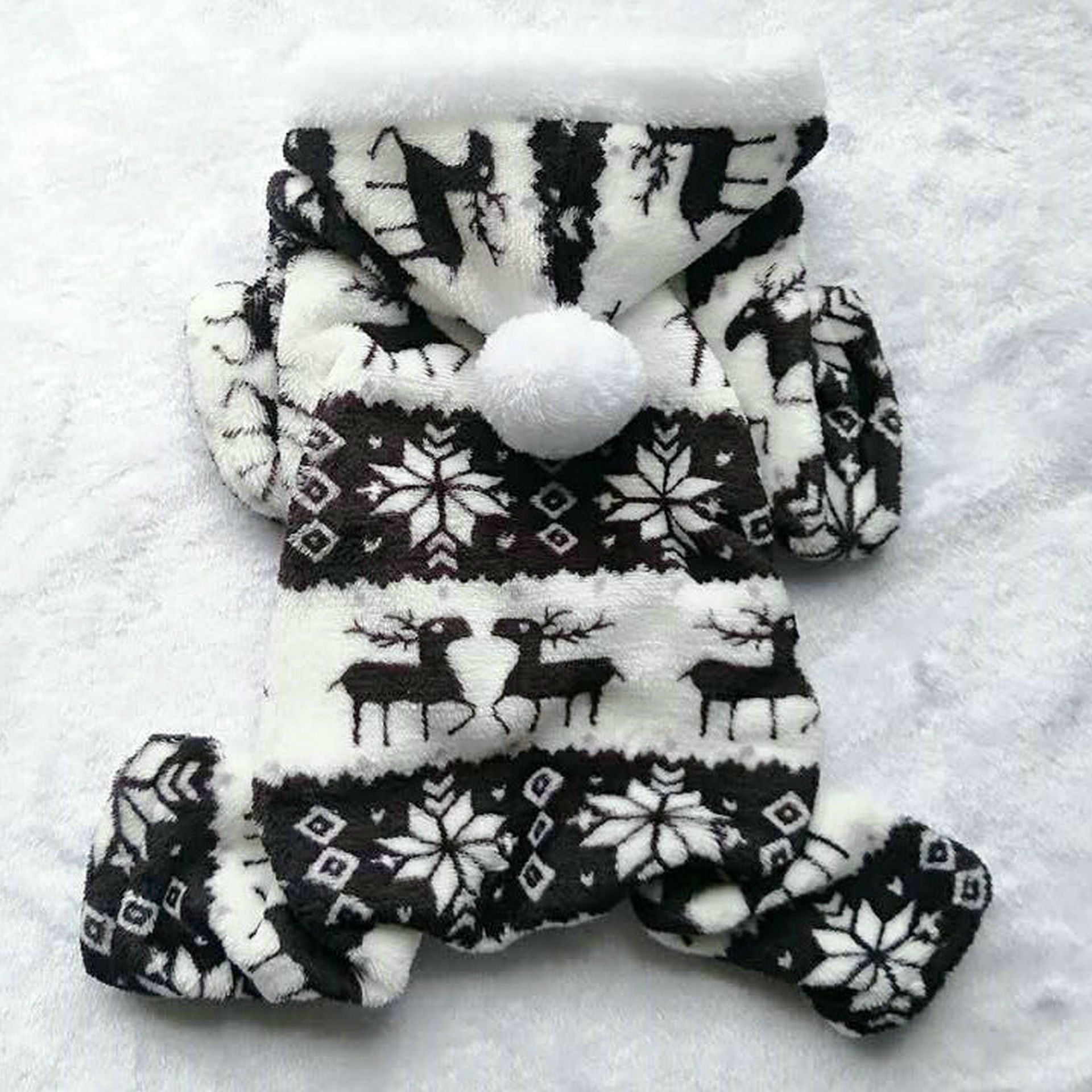 KFX-3390013 Fawn Snowflake Print Dog Outfit with Soft Fabric and Fur Ball Accents