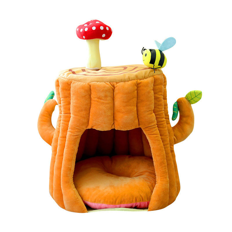 KFX-3391677 Cozy Semi-enclosed Cat House with Warm Sleeping Bag for Autumn and Winter - Tree Stump Design, 40CM High