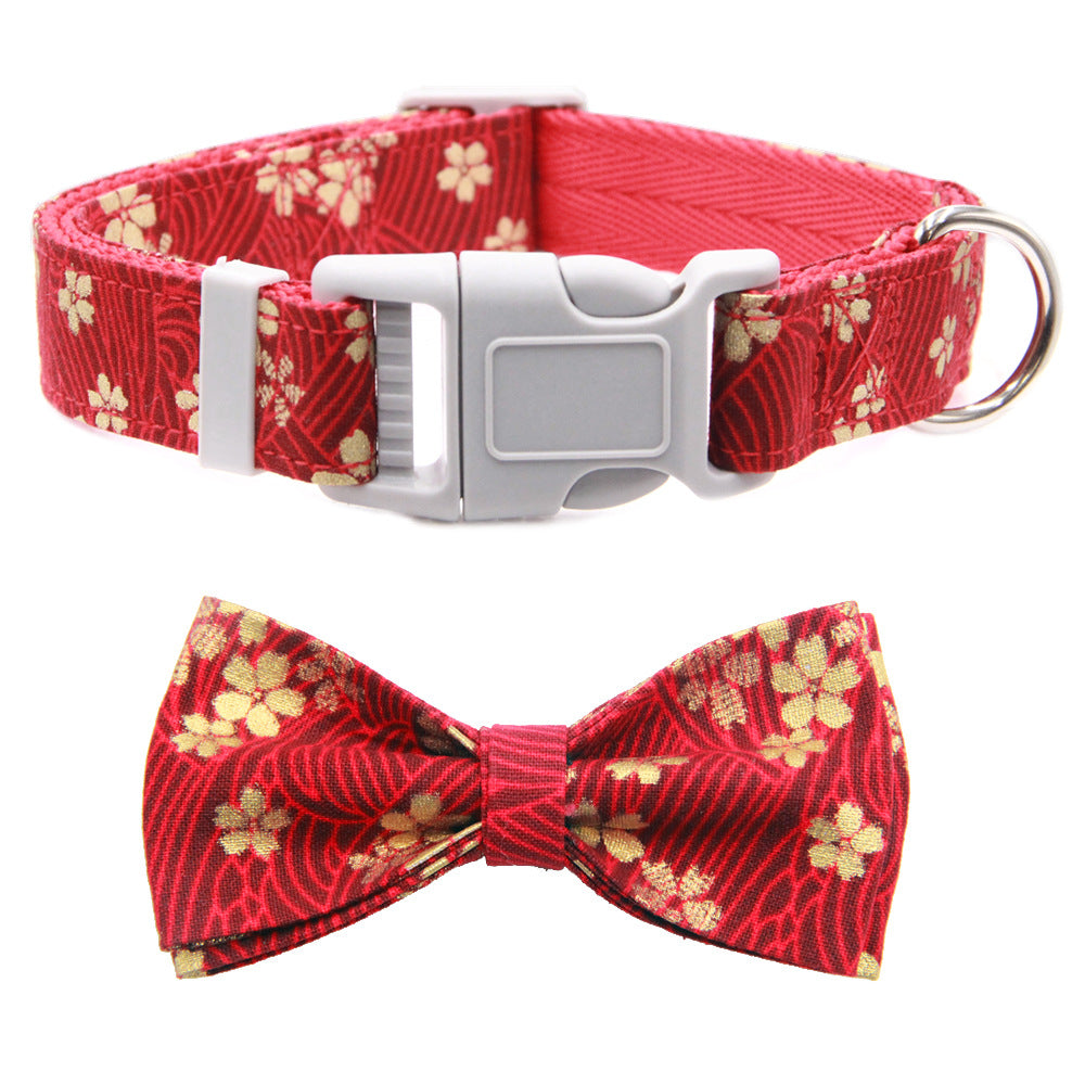 KFX-3399357 Floral Adjustable Dog Collar with Bow Tie - Double Layer Fabric for All Seasons