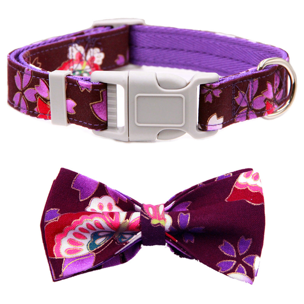KFX-3399357 Floral Adjustable Dog Collar with Bow Tie - Double Layer Fabric for All Seasons