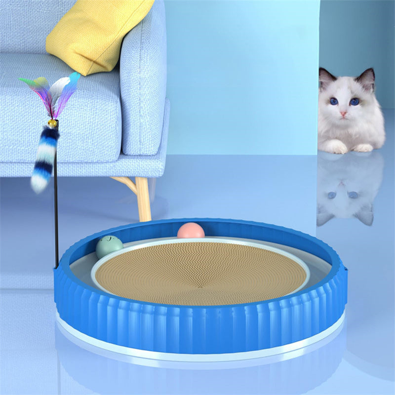 KFX-3403325 Round Cat Scratching Board with Removable Cardboard Pad and Toy Balls for Furniture Protection