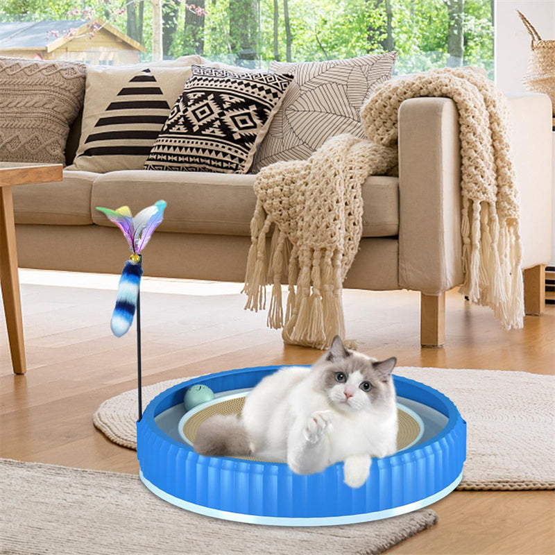 KFX-3403325 Round Cat Scratching Board with Removable Cardboard Pad and Toy Balls for Furniture Protection