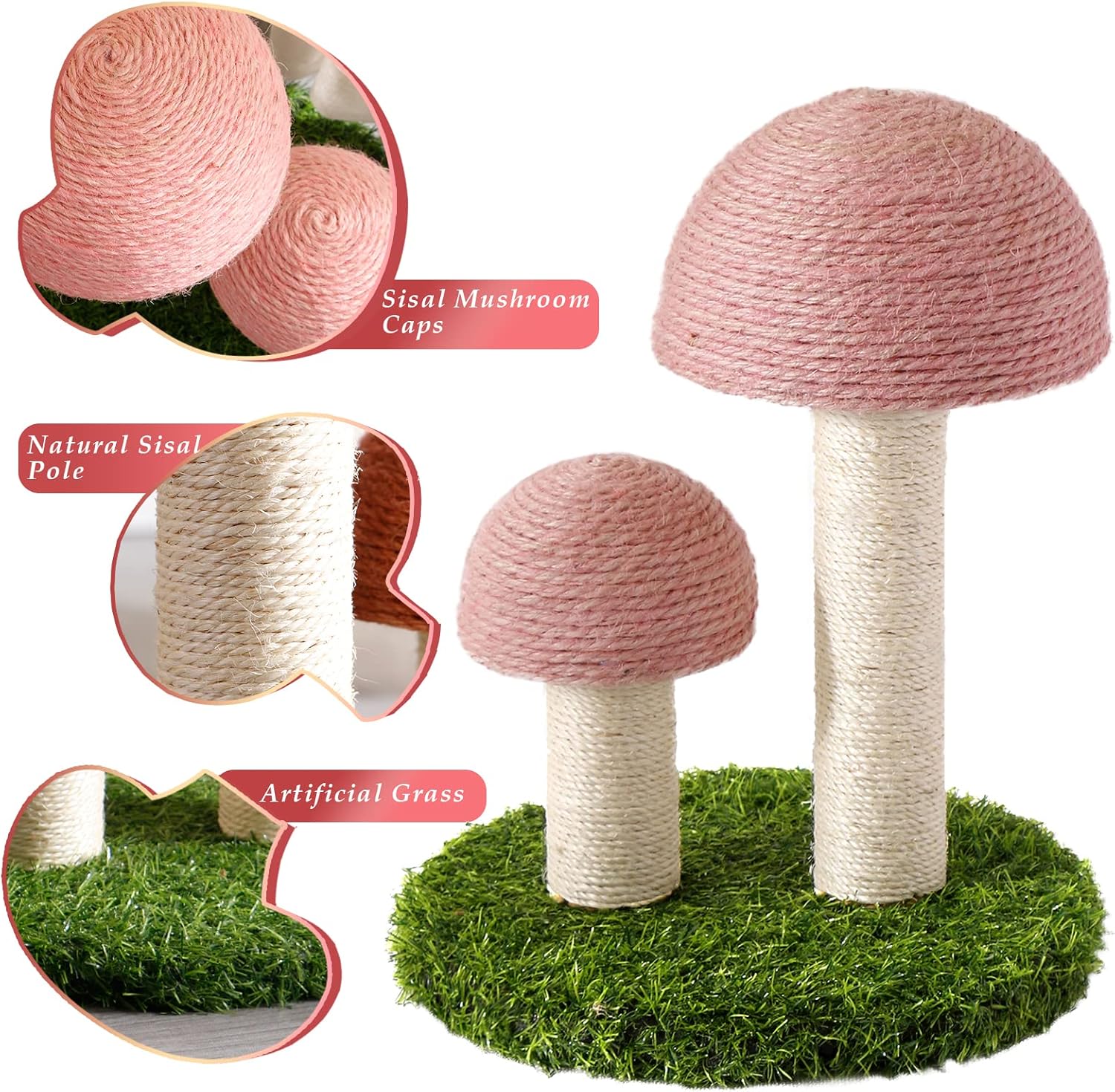 KFX-3404605 Mushroom Cat Scratching Post with Natural Sisal Caps and Sturdy Base for Small Cats